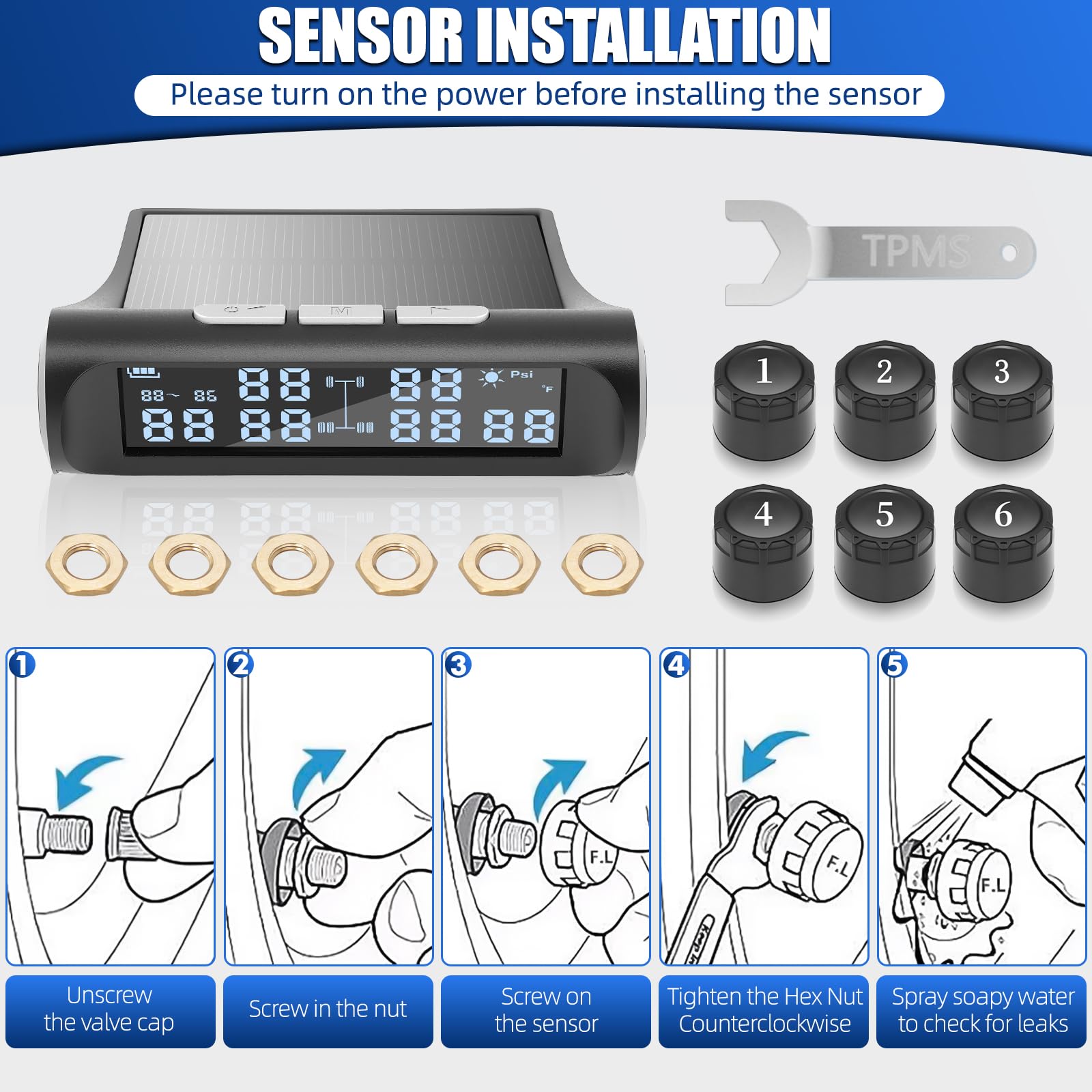 Système de contrôle de pression des pneus solaire pour camping-car avec 6 capteurs externes, système de surveillance de la pression des pneus TPMS sans fil avec mode alarme, 9,9 bar/144 psi
