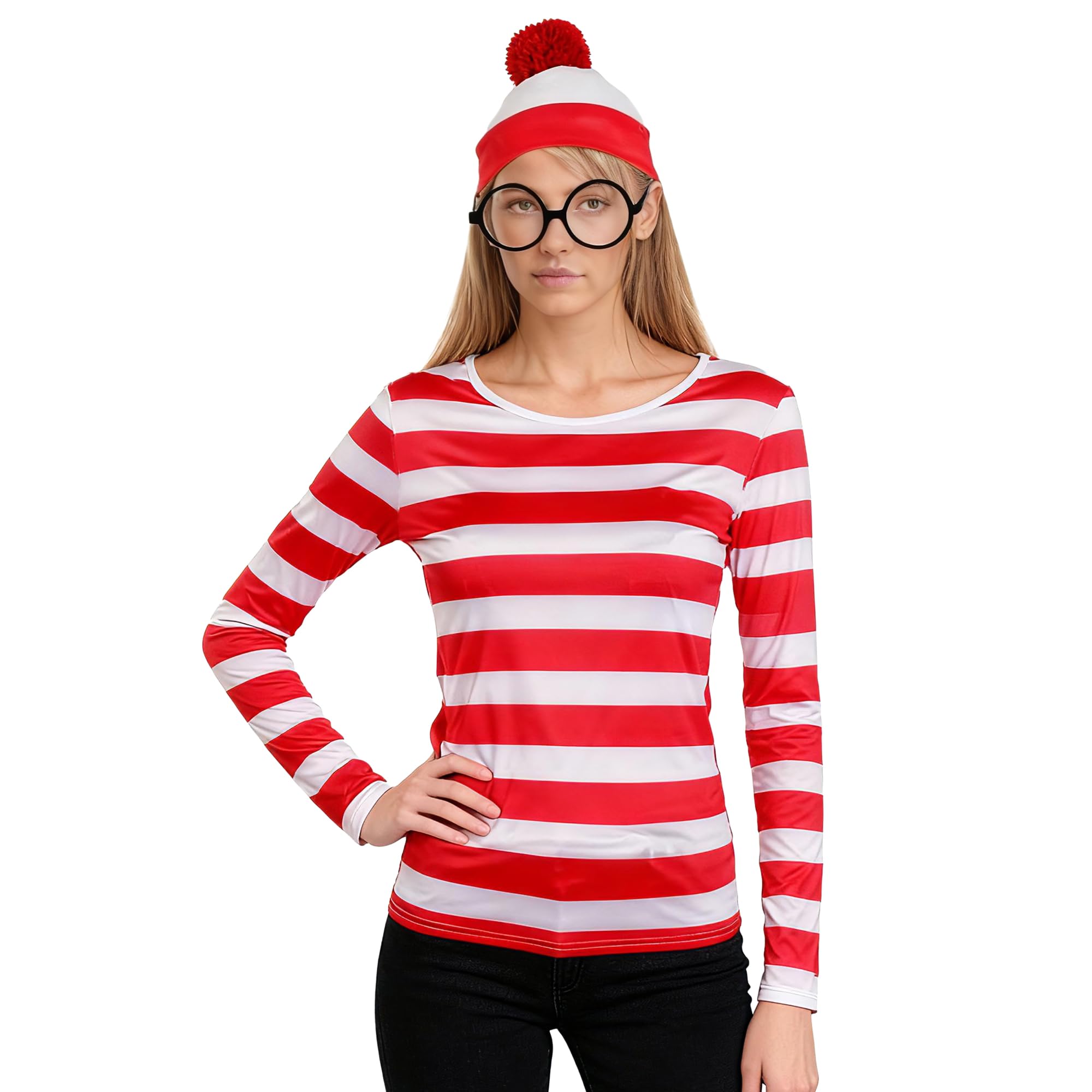 Wildarms ¡Disfraz Completo de Wally! Camisa Rayas Roja/Blanca + Gafas + Sombrero - Triunfa en Halloween, Cosplay y Fiestas Adultas