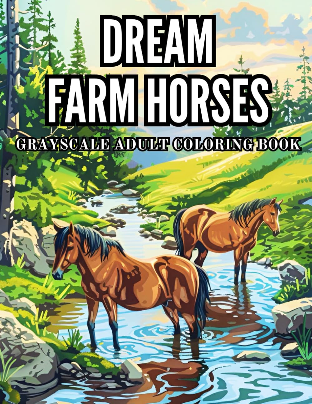 Dream Farm Horses Grayscale Adult Coloring Book: 40 Pages of Rustic Ranch, Therapy Animals and Country Landscapes Stress Relief and Relaxation ... Grayscale Adult Coloring Book Collection)