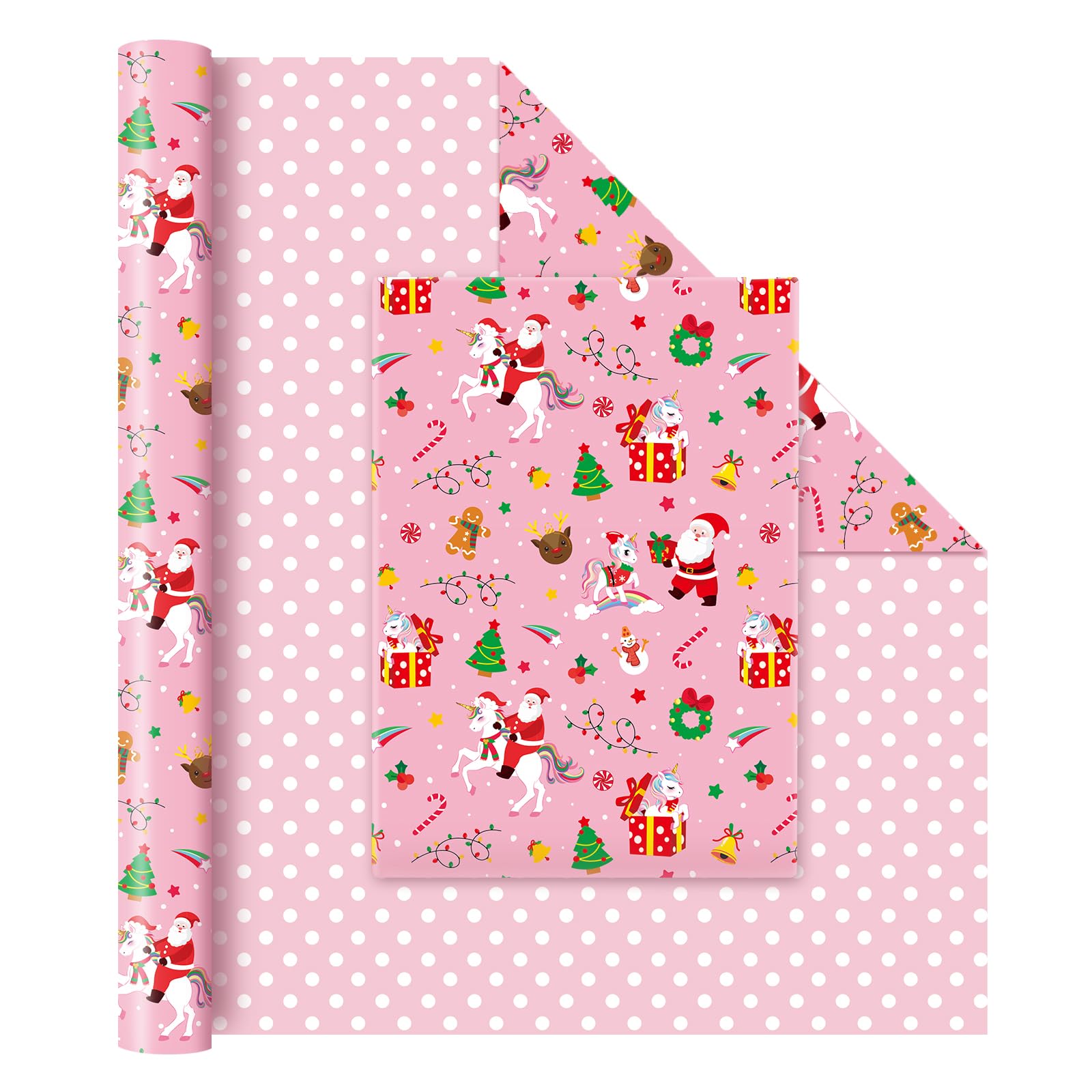 WERNNSAIChristmas Unicorn Wrapping Paper - 1 Roll 17” x 33 ft Christmas Gift Wrap Roll Reversible Santa Unicorn Design for Kids Girls Christmas Gift Decoration Rainbow Unicorn Gift Favor Pink