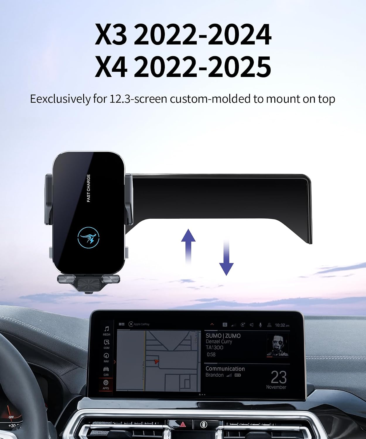 15W Wireless Fast Charger for BMW X3 2022-2024 / BMW X4 2022-2025 Accessories 12.3 inch Screen Fixed Clip, Interior Decoration Mobile Phone Mount, 360° Rotation,Vehicle-Specific Custom Mount