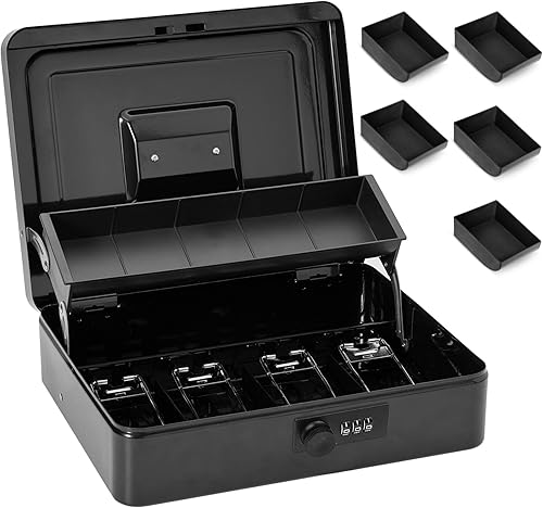 Caja de dinero grande con cerradura de combinación y bandeja de dinero, caja de dinero con bandeja para efectivo, caja fuerte con cerradura para