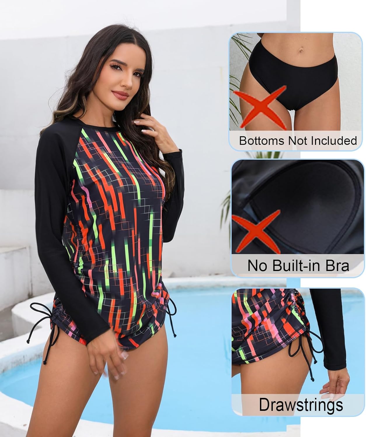 Halcurt Women's Long Sleeve Rash Guard Swim Shirt with Tie Drawstring UPF 50+ Sun Protection Swimsuit Top - Image 4