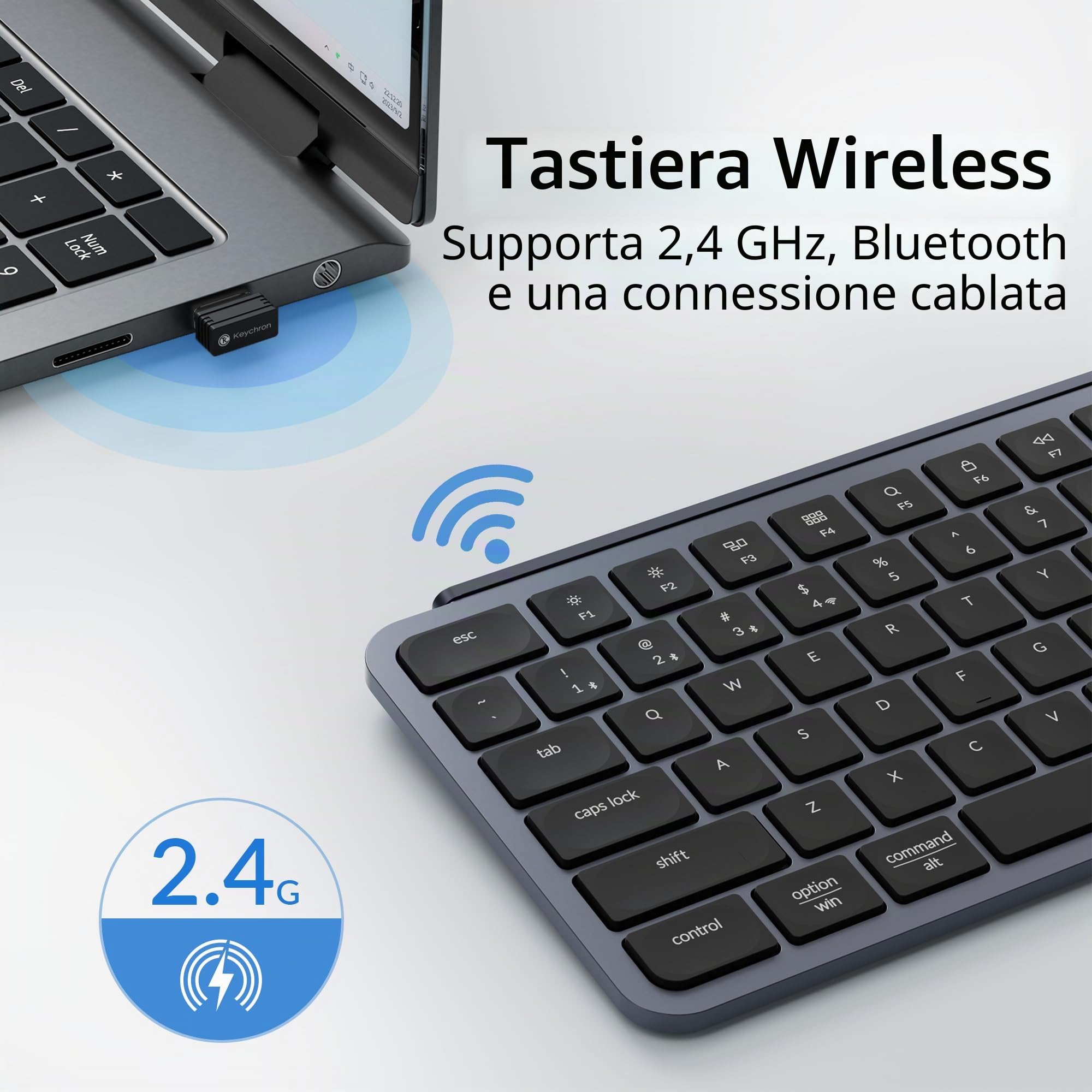 Keychron B1 Pro Tastiera wireless ultra piatta con regolazione ZMK, QWERTY US ANSI, 3 modalità Bluetooth/2,4 GHz/cavo 425 g leggera con 1.200 ore di durata della batteria per Mac/Windows - Grigio