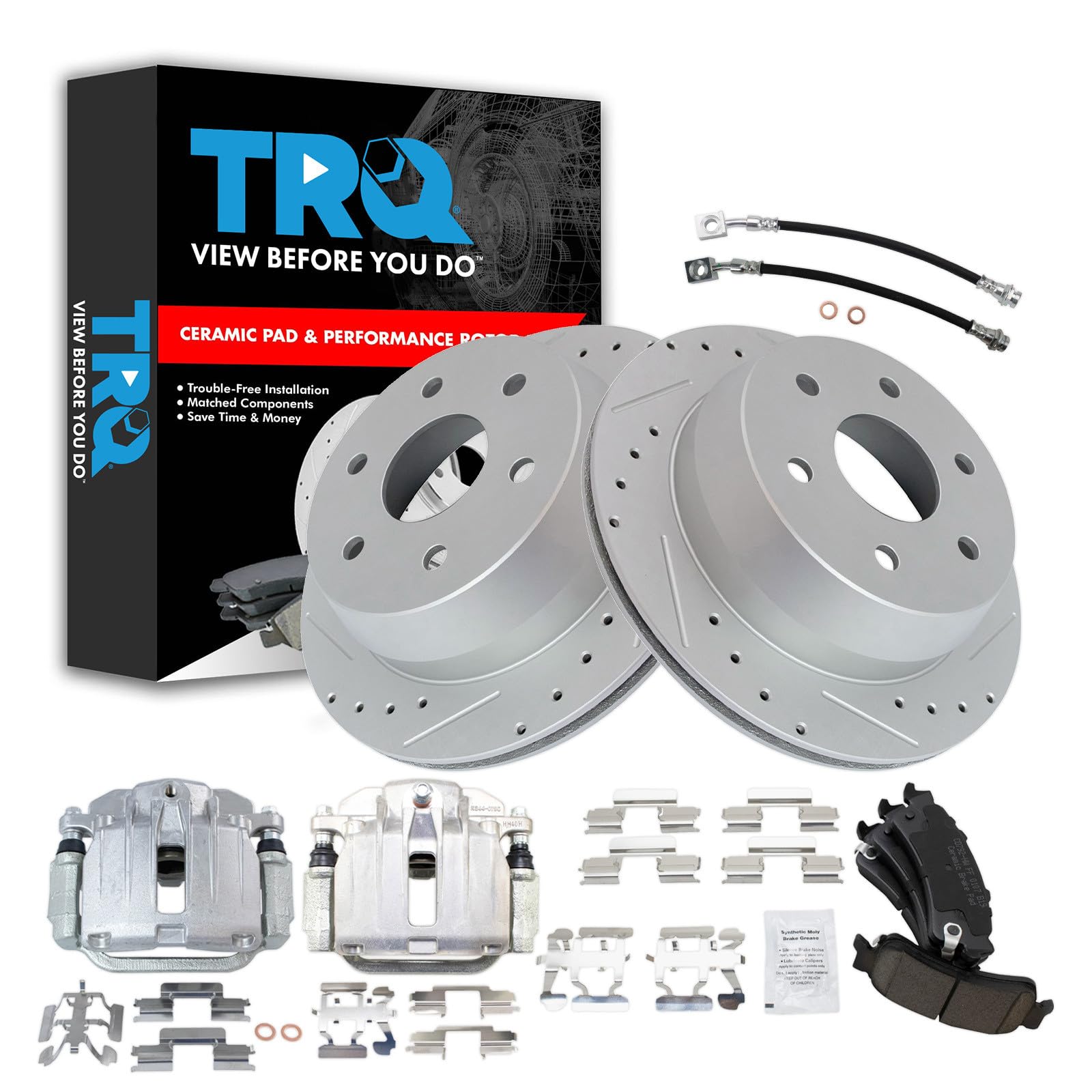 TRQ Performance Rear Brake Pad and Rotor Set Ceramic Slotted Drilled Calipers Compatible with 2000-2001 Chevrolet Tahoe GMC Yukon