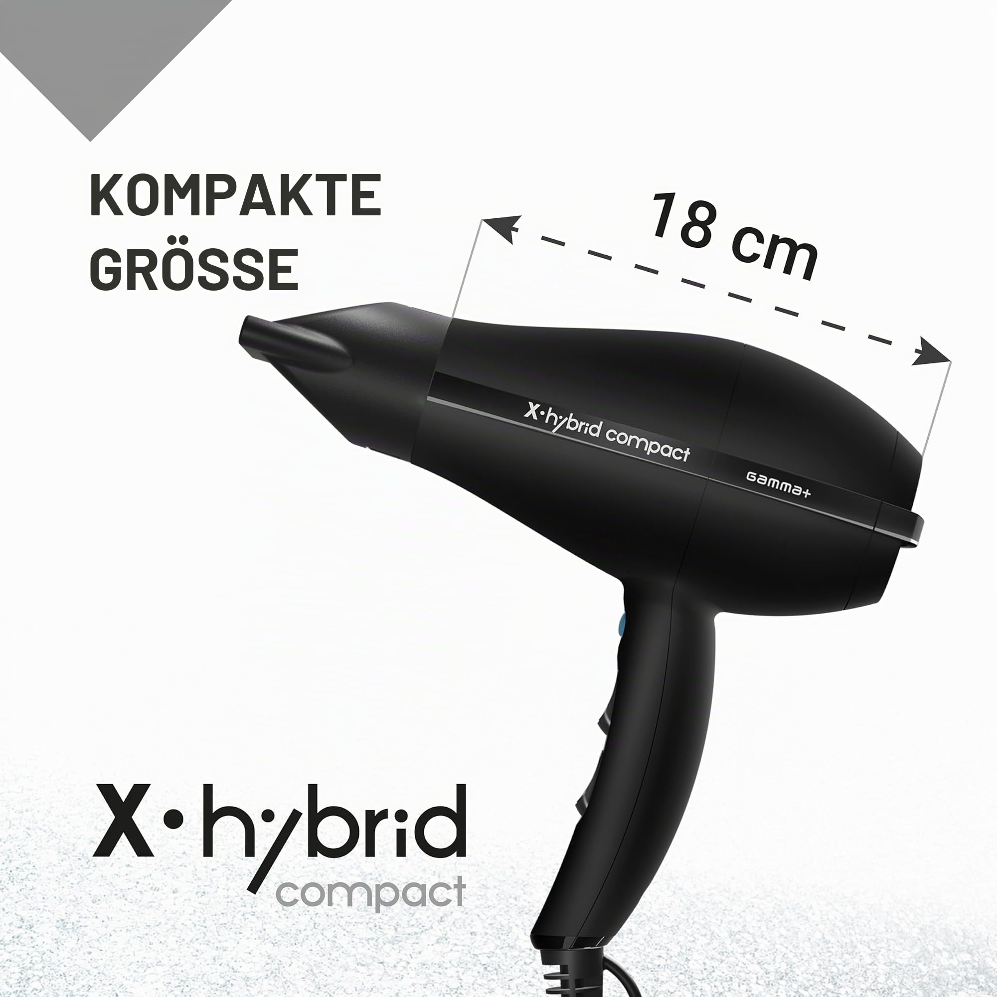 GAMMA+ Professioneller Haartrockner X-Hybrid Compact, Leichter & Kompakter Föhn mit Ionen-Technologie, Turmalinbeschichtetes Gitter, 1800–2100W (Schwarz)