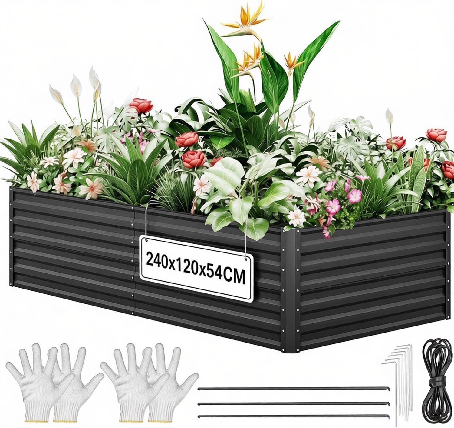 YITAHOME Potager Surélevé 240x120x60cm - Grand Jardin En Métal Épais Zinc-Aluminium-Magnésium Avec Bordures De Sécurité, Idéal Pour Légumes, Fleurs Et Fruits (Noir)