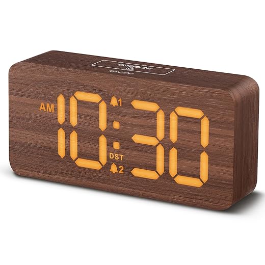 Dimmable Wooden Digital Alarm Clock with USB