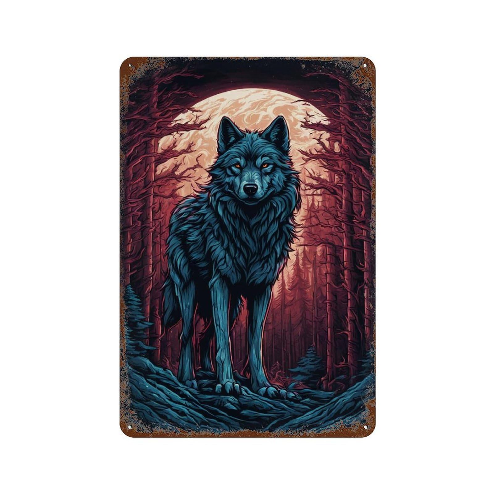 Wolf Moonlit Forest Poster Rustic Tin Plaque 11.8"x7.9", for Pub, Kitchen And Man Cave Decor, Vintage Wall Decor