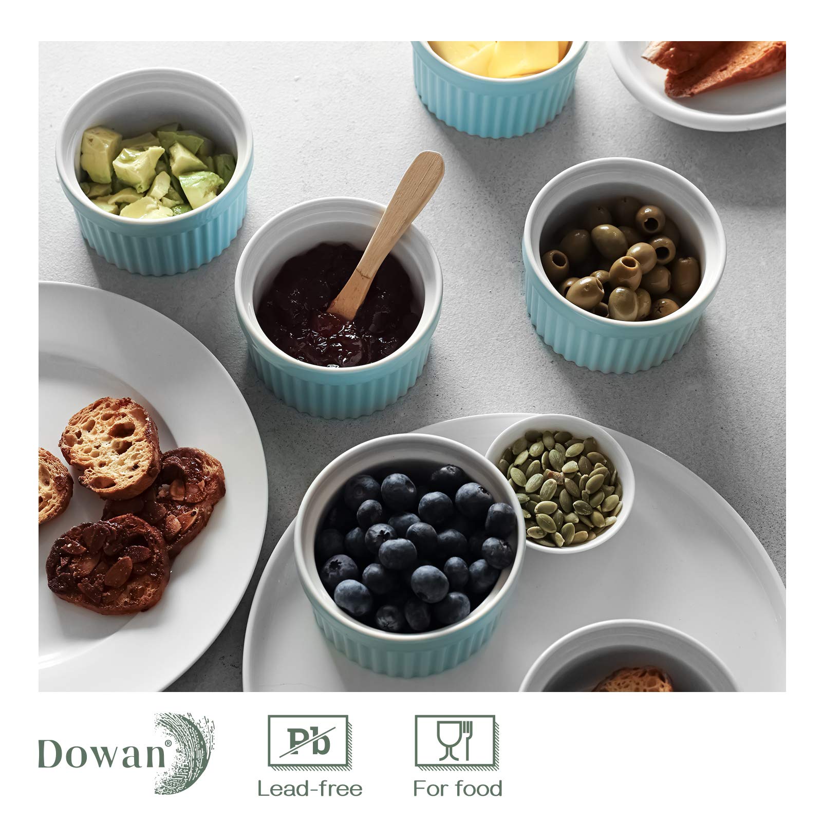 DOWAN 4 oz Ramekins - Porcelain Oven Safe Bowls for Creme Brulee, Souffle and Baking - Classic Style, Set of 6, Blue