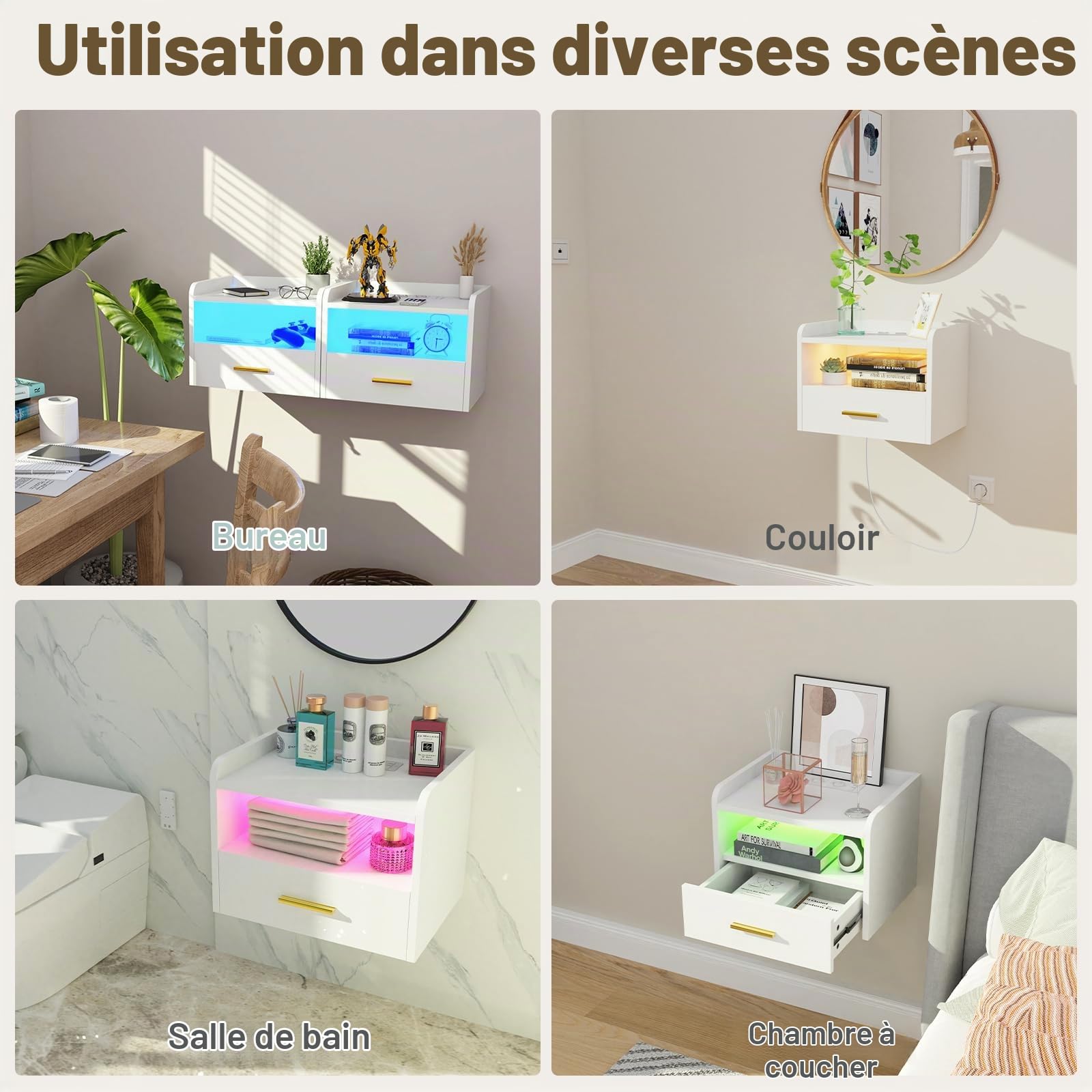 Table de Chevet Murale LED, Table d'appoint avec Station de Charge, 16 Couleurs LED RVB, Compartiment Ouvert, Tiroir Coulissant, Plateau, pour Chambre, Salon 40x30x30cm
