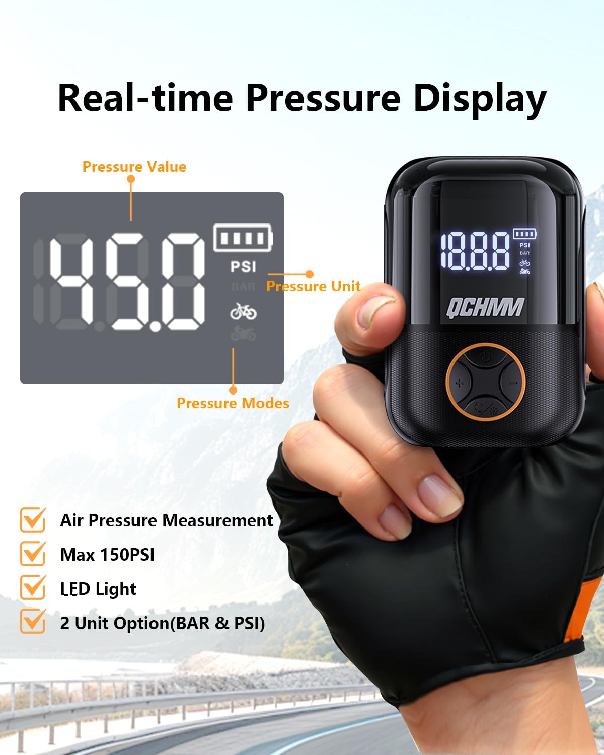 Bomba para Bicicleta, Mini Bomba Bicicleta Eléctrica 120 PSI con Válvulas Presta y Schrader, Bomba de Aire Bicicleta portátil para Bicicleta de Carretera, MTB, E-Bike, Bicicleta de Ciudad