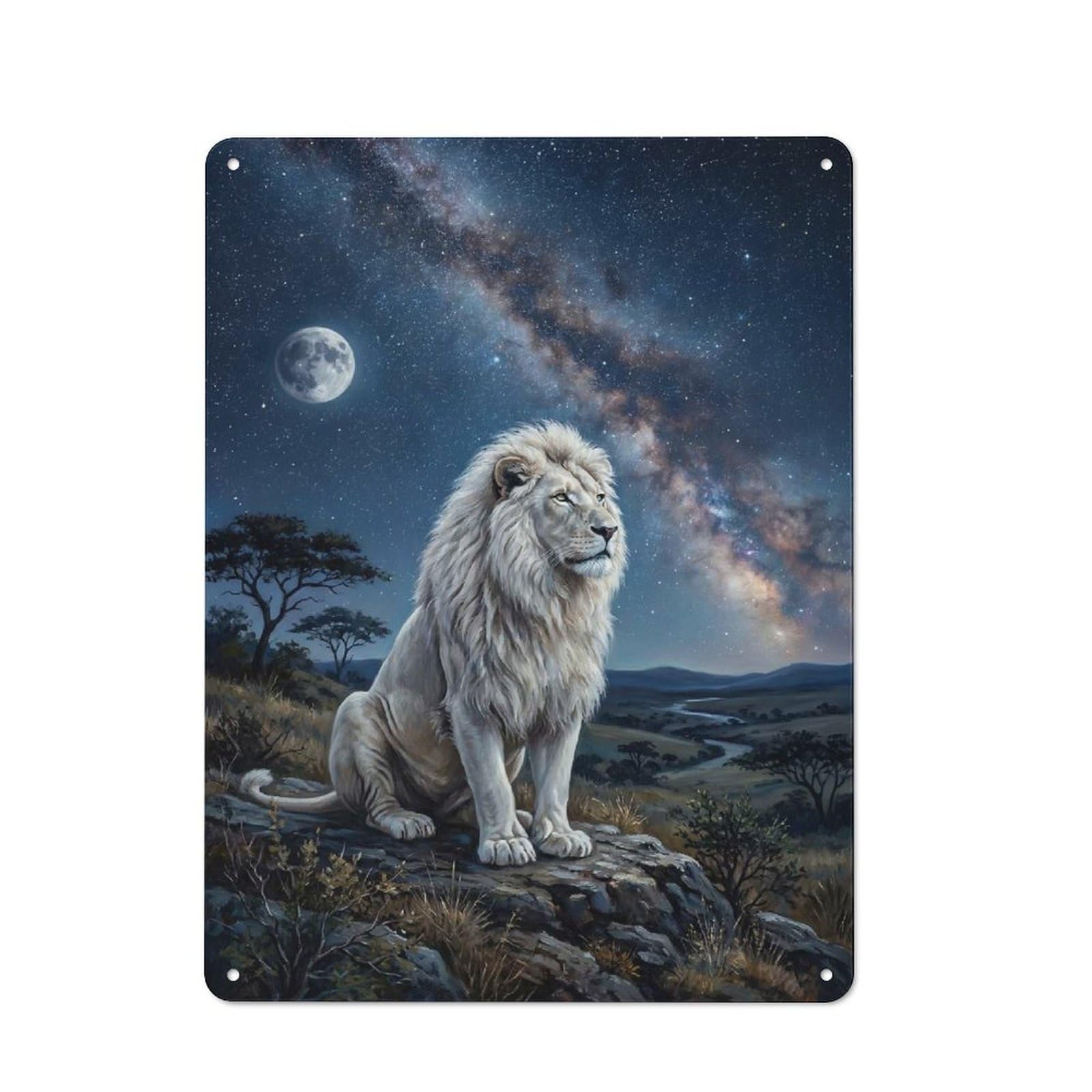 Majestic White Lion Under The Milky Way Decorative Tin Sign 40x30cm, Old Fashioned Vintage Wall Decor for Lounge, Study, Pub Or Wall Gallery