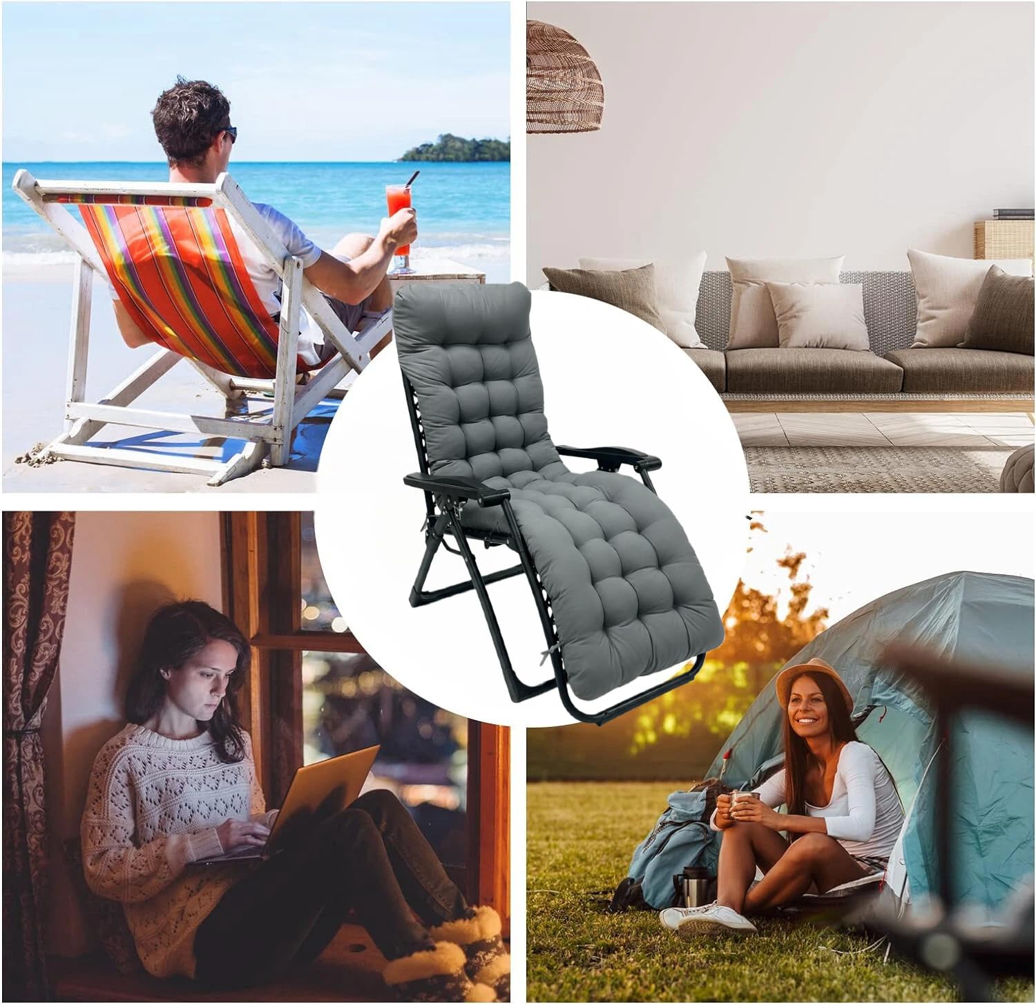 Liegenauflage, Auflage Gartenliege 170x53x7 cm, Auflagen für Deckchair, Polsterauflage für Sonnenliege, Auflage Polster für Gartenmöbel mit Einstellband (Dark Grey)