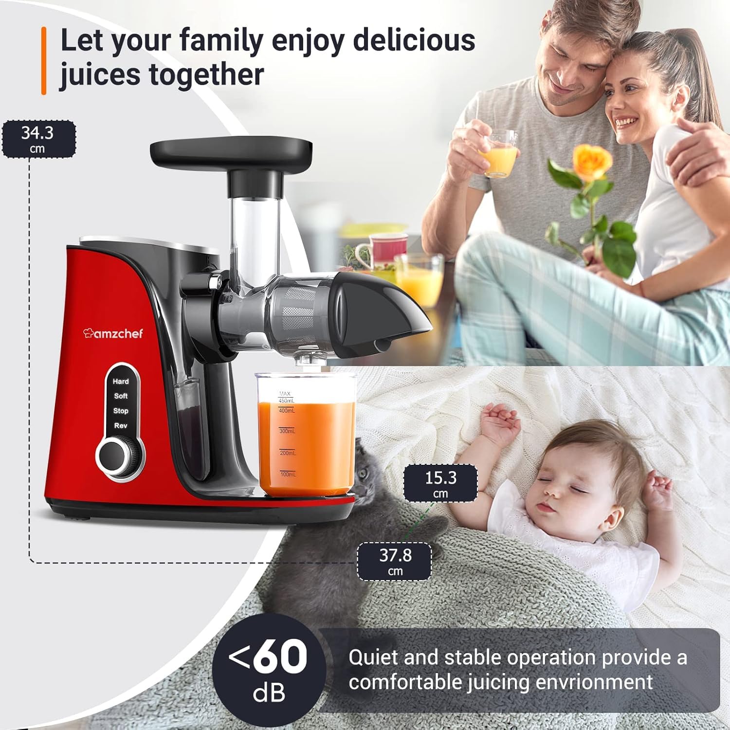 AMZCHEF Spremiagrumi frutta e verdura con 2 modalità di velocità – Slow Juicer con bottiglia portatile e 2 tazze – Senza BPA Cold Press Juicer con LED intelligente e funzione di inversione – Rosso