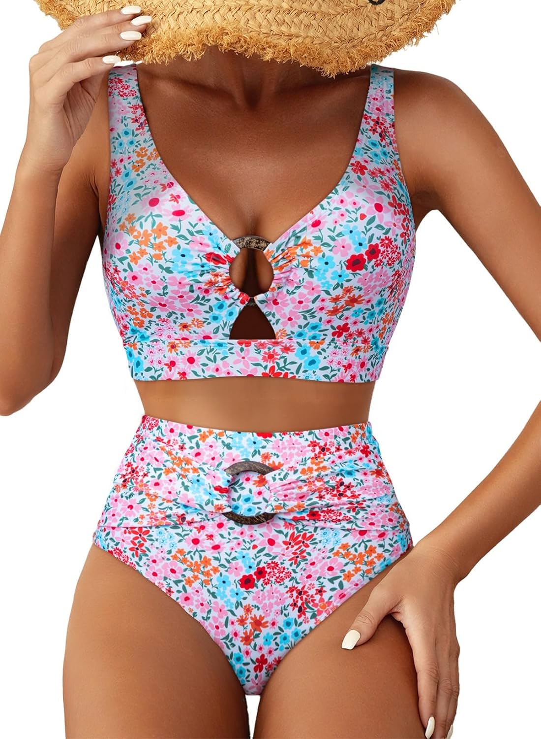 Herseas Women's High Waisted Bikini Sets - Floral Print 2 Piece Swimsuits Tummy Control Modest O Ring Bathing Suit