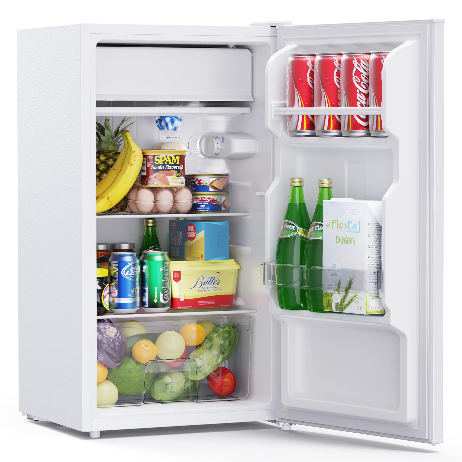 Upstreman 85 Litri Frigorifero Piccolo, LED Integrata, Termostato Regolabile, Cassetto per le Verdure, Silenzioso, Porta Reversibile, Frigo Piccolo da Ufficio, Frigorifero da Camera, Bianco, CR85