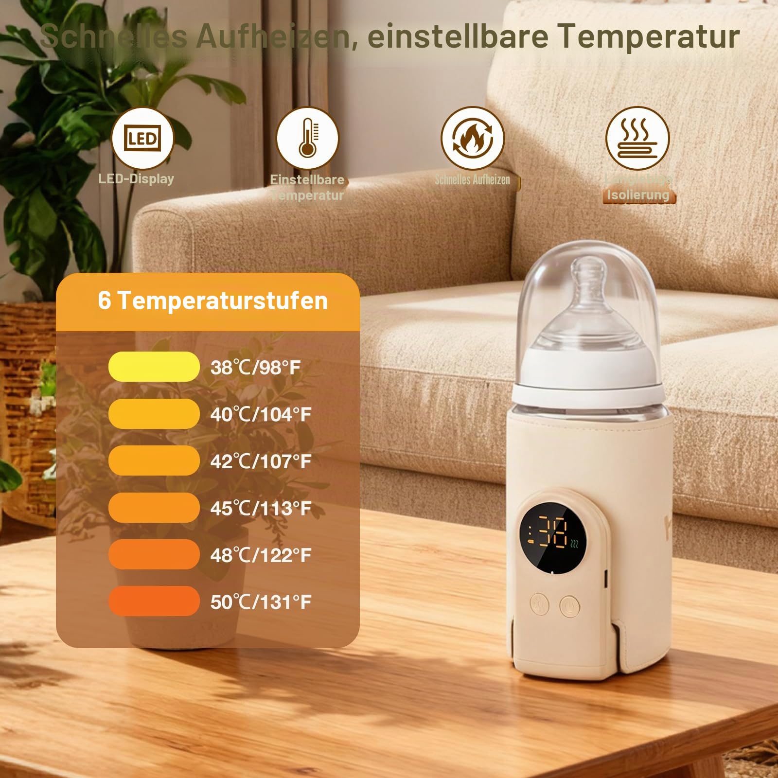 Flaschenwärmer Baby, Tragbarer Flaschenwärmer Akku mit LCD-Display, USB-Aufladung, 6 Einstellbare Temperaturstufen (38-50°C), Schneller Heizung, Unterwegs Babyflaschenwärmer für Unterwegs und Zuhause