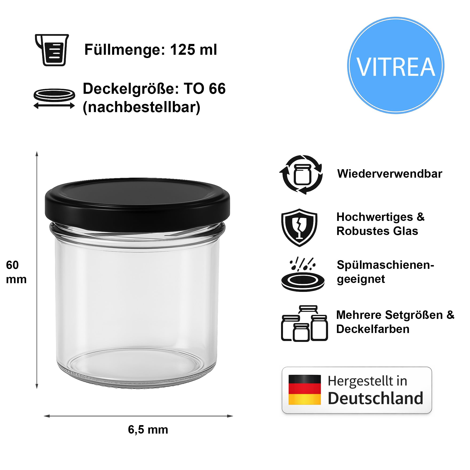 Vitrea 100x Marmeladengläser 125 ml - mit Deckel Schwarz TO 66 - Einmachgläser zum befüllen mit Schraubdeckel - Sturzgläser für Marmelade Schraubgläser - leere Gläser - 100 Stück