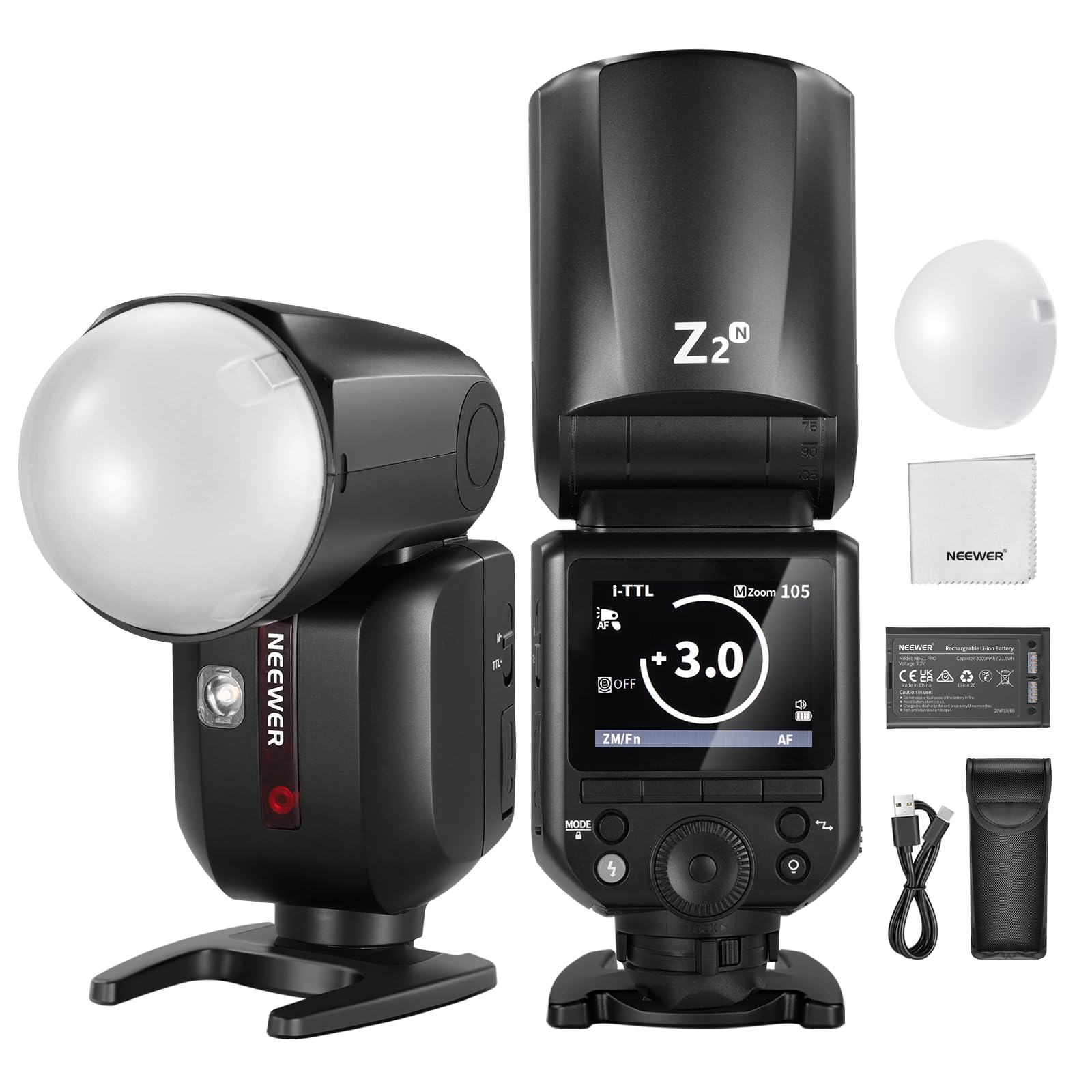 NEEWER Z2-N 2,4G TTL Flash Speedlite à Tête Ronde Compatible avec Nikon Caméra,600 Flashs Pleine Puissance,3000mAh,76Ws,1/8000s HSS,2 Lampes Pilotes,Diffuseur Lumière,Bouton TTL/M pour Système Q 2,4G