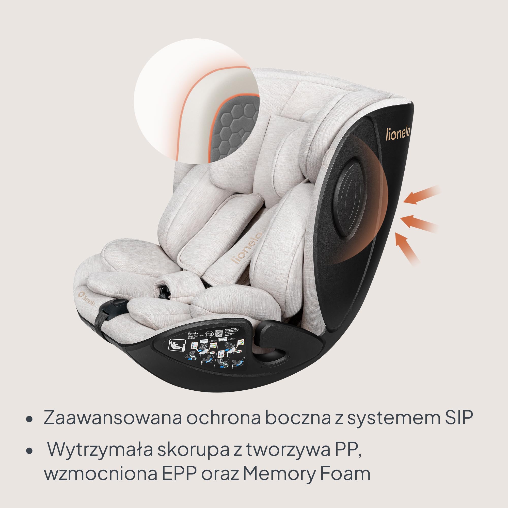 Lionelo Moxie Next i-Size fotelik samochodowy dla dzieci około 0-4 lat 40-105 cm 0-18 kg SIP ochrona boczna, regulacja zagłówka i oparcia, instalacja tylko do przodu i do tyłu z podstawą Moxie Next