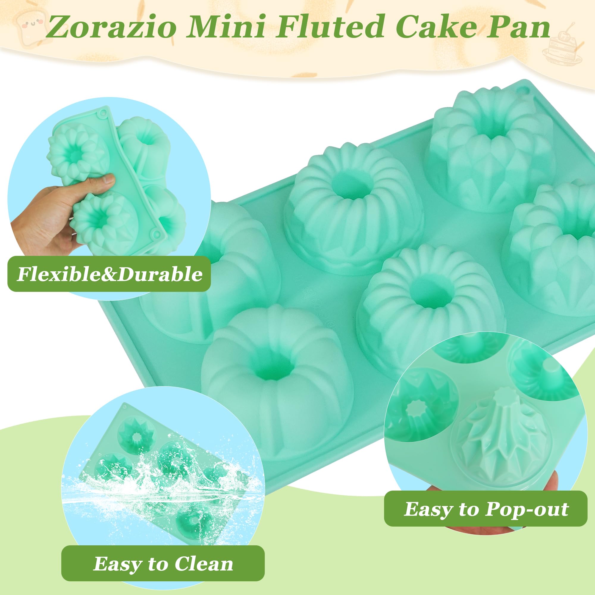 Zorazio Mini molde para tartas, 3 moldes de silicona estriados de silicona, moldes de silicona antiadherentes de 6 cavidades para hornear magdalenas, pan de maíz, brownie, gelatina