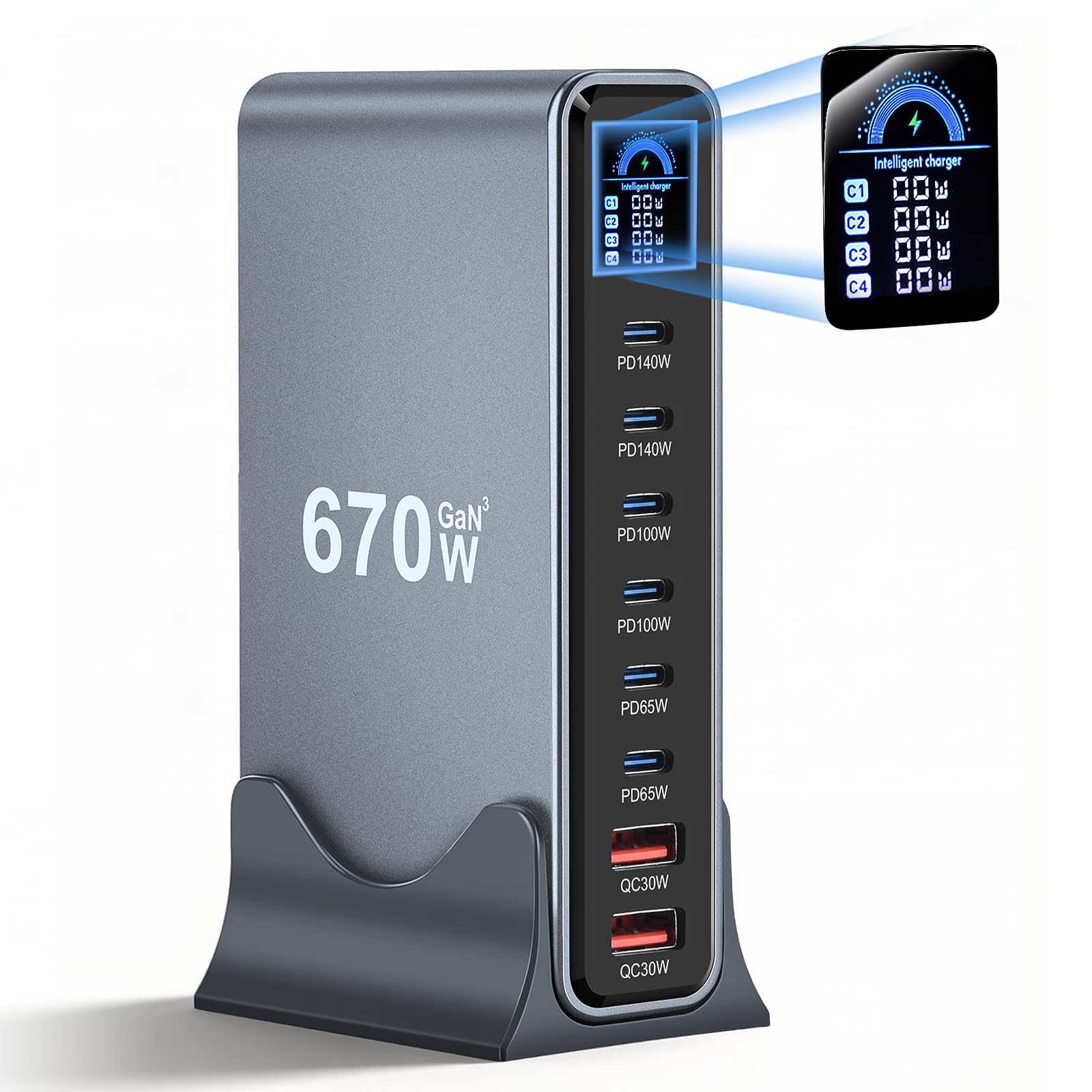 670W USB C Ladegerät, 8 Port Laptop Ladegerät Mehrfach(6C+2A), LCD Display GaN Schnellladegerät Netzteil, 140W PD Charger Kompatibel mit MacBook Pro/Air, iPhone 17/16/15, Galaxy S25 usw (670W)