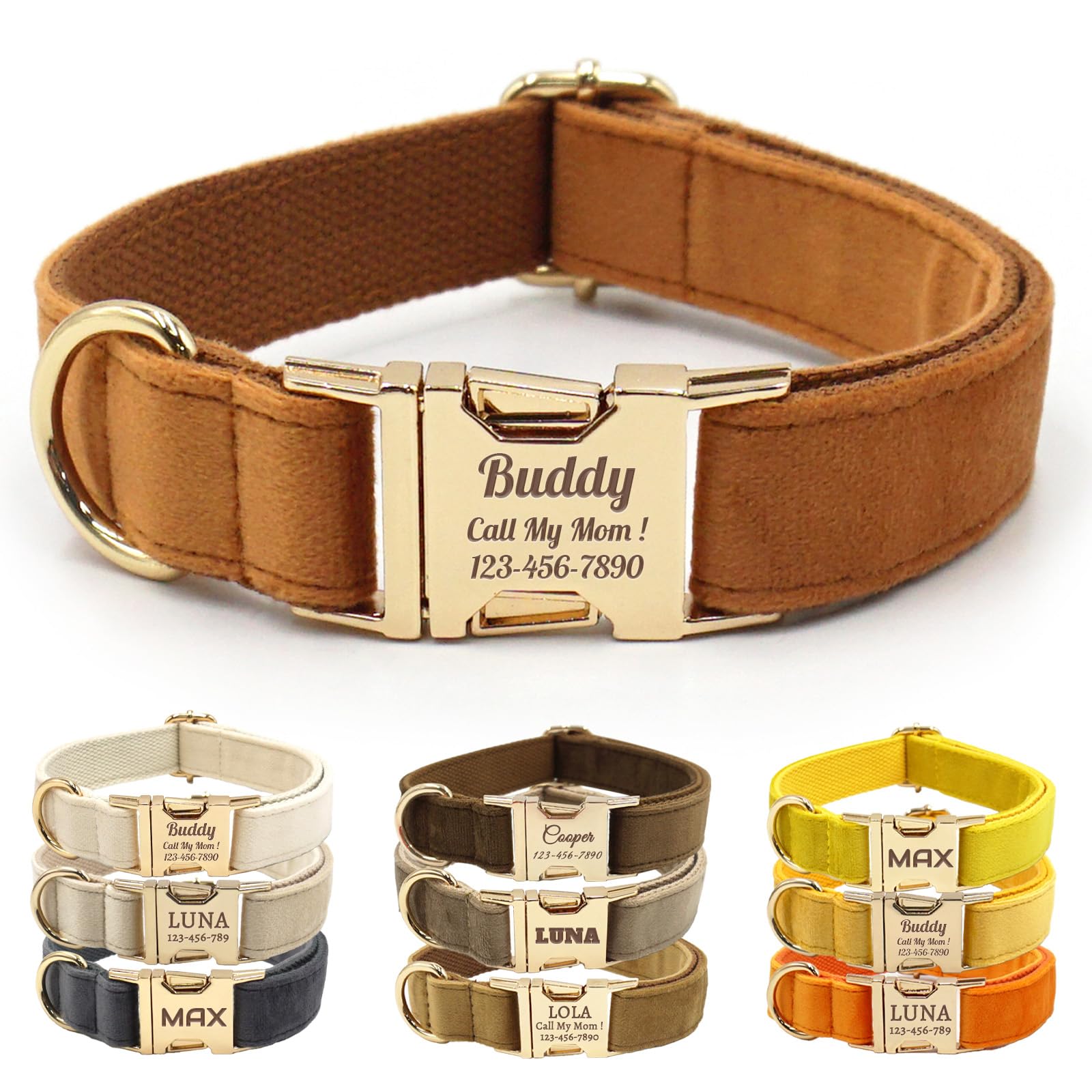 Samt-Hundehalsband mit Namen, personalisierbar, mit Schnellverschluss-Metallschnalle, Leine und Fliege erhältlich (Braun, M)