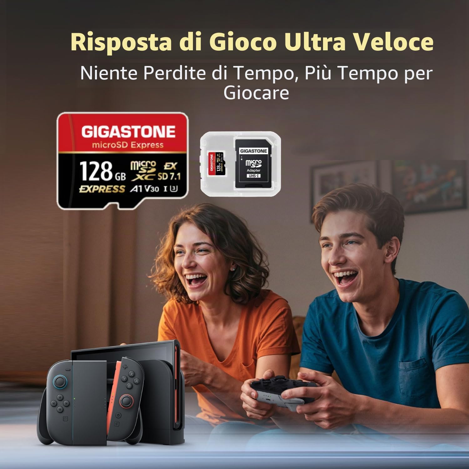 【Progettato per Switch 2】GIGASTONE microSDXC Express 128 GB, R/W fino a 880/500MB/s, compatibile con Nintendo Switch 2, fotocamera professionale, A1 V30 U3, con adattatore e lettore di schede USB-C
