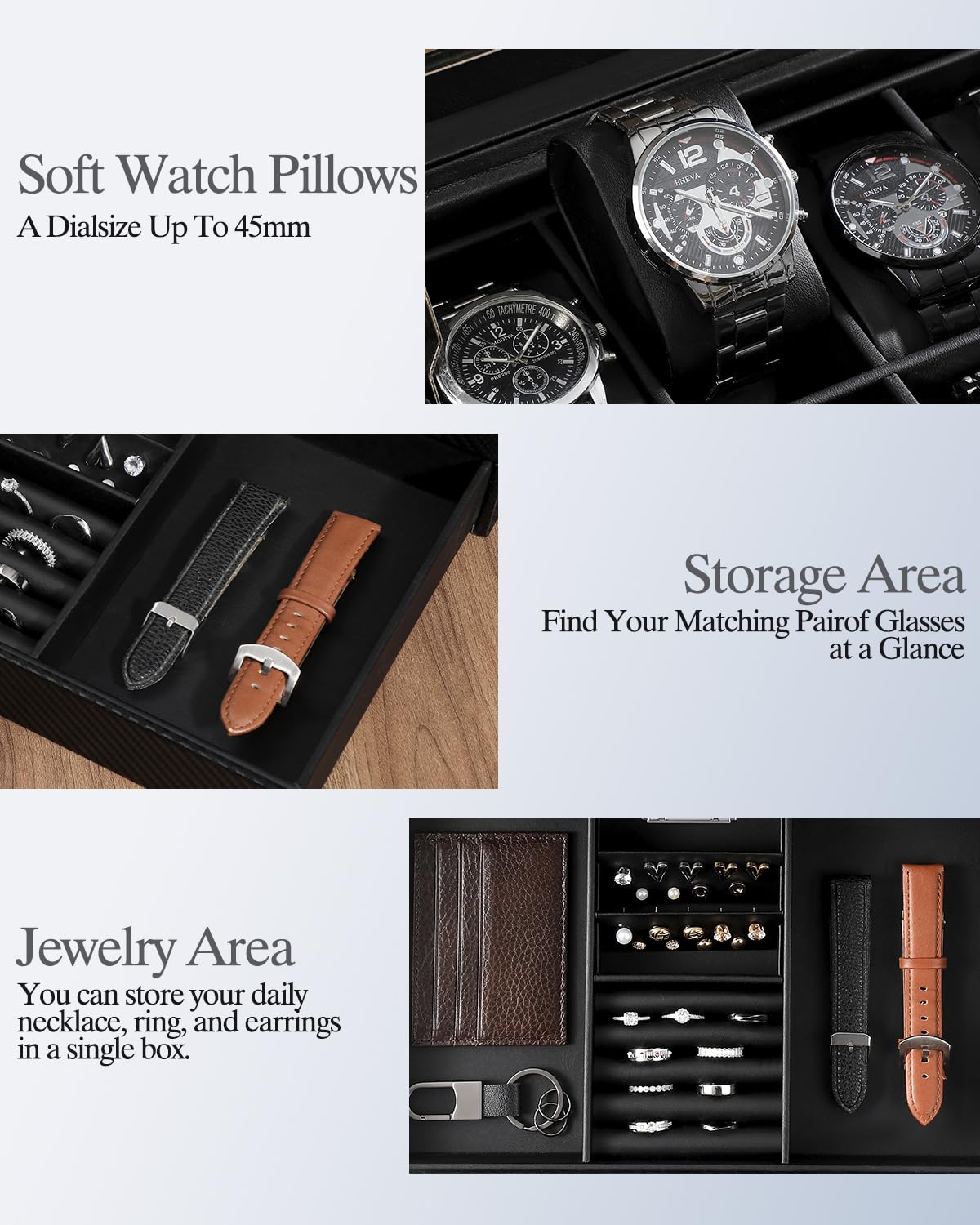 Caja de Reloj para 12 Relojes, Caja de 2 Niveles con Tapa de Cristal y Cajón, Caja de Reloj para Hombre con Cerradura de Llave para Hombres, Anillos, Gemelos y Relojes, Color Negro