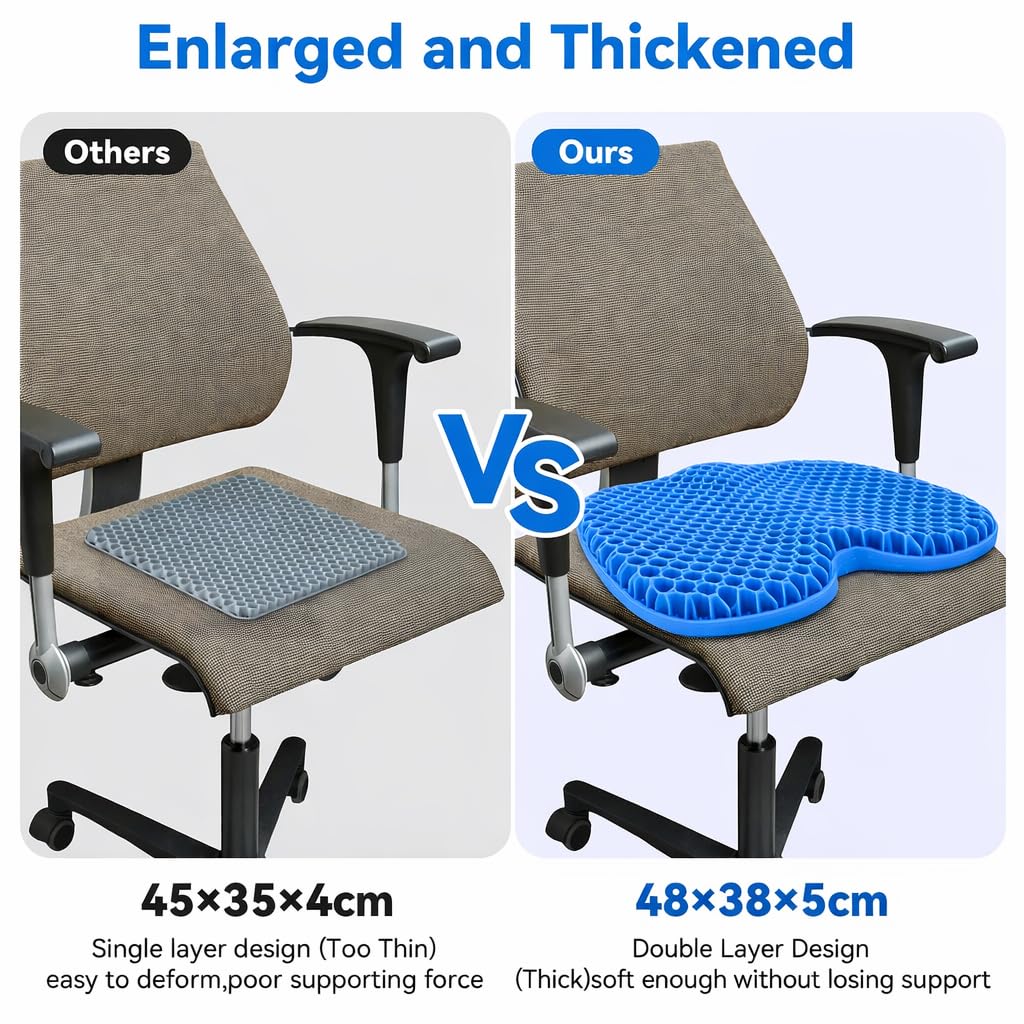 Coussin d'assise Extra Large en Gel - 48 x 38 x 5 cm - Structure en nid d'abeille pour Un Soutien Solide et Un Confort dans Les Fesses - Idéal comme Coussin de siège de Voiture Bleu