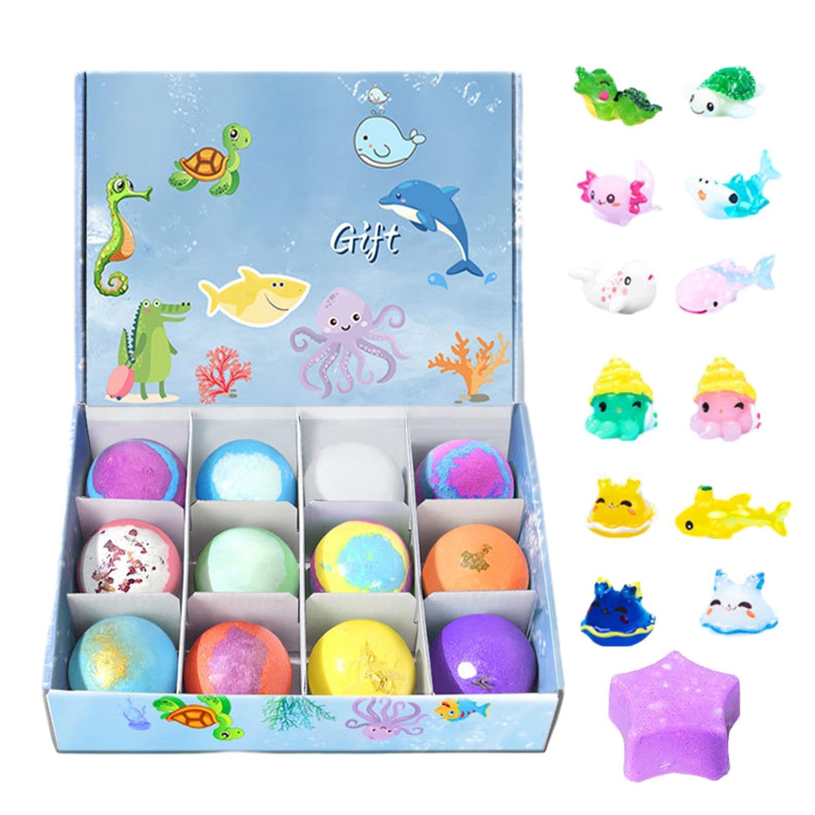 Coffret cadeau bombes bain enfant | 12 Bombes bain enfant | Animaux amusants bains mer avec à l'intérieur | Boules bains moussantes organiques naturelles éducatifs pour hydrater peau