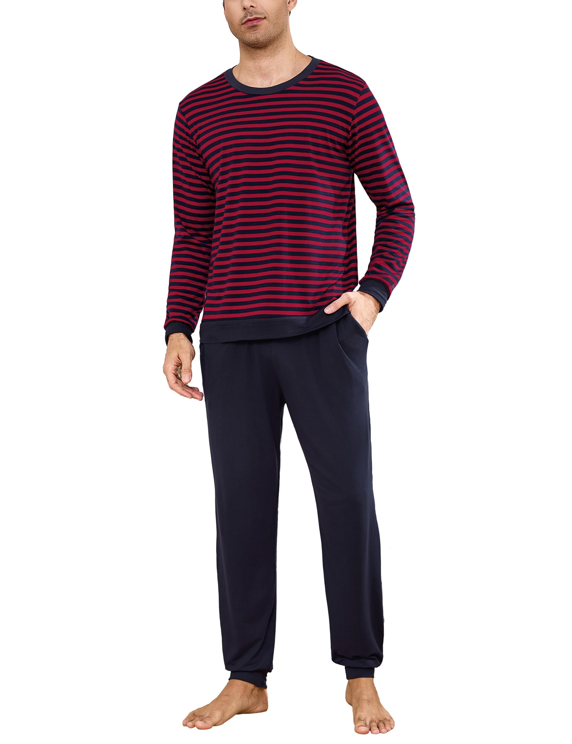 Bresdk Pijama Hombre Invierno Algodon Manga Larga Conjunto de Pijama a Rayas Dos Piezas Pijamas Largos Cuello Redondo S-3XL
