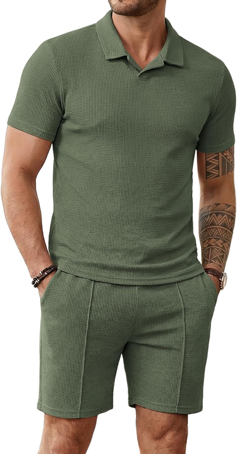 Vssjavun Men's Waffle Knit Polo Shirt and Shorts Set 2 Pieces Outfits Buttonless Lounge Summer Casual Tracksuit