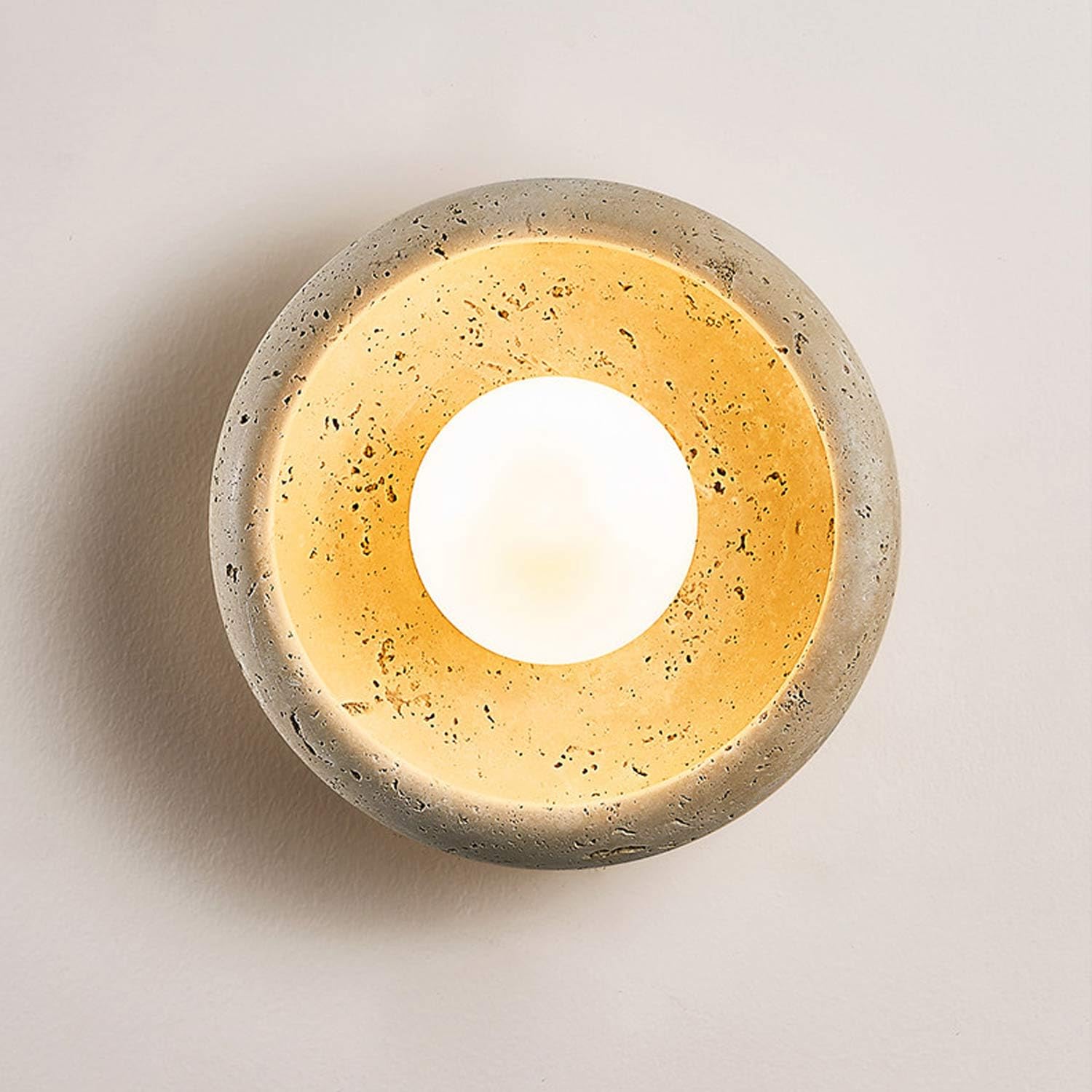 USMJQVZ Wabi Sabi Yellow Cave Stone Wall Light Fixture Natural Yellow Travertine Wall Lamp Circular Decoration Sconce For Patio, Garden, Deck Lighting