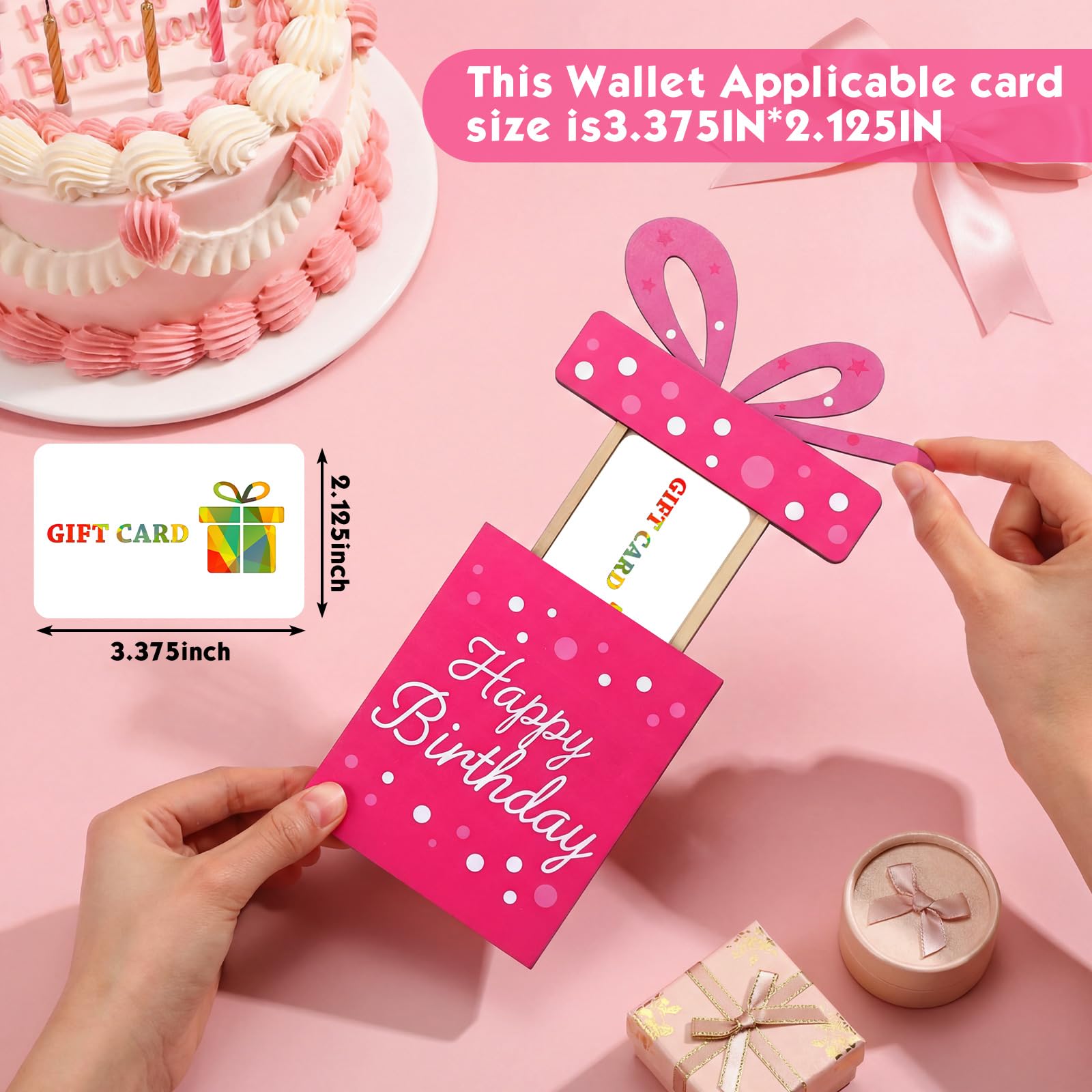 Kathfly Cheerful Birthday Gift Card Holders, Wooden Gift Cardholder Pull Out, and Cute Card Holder to Decorate Gifts for Wedding Birthday Note Cards and Business Cards(Pink)