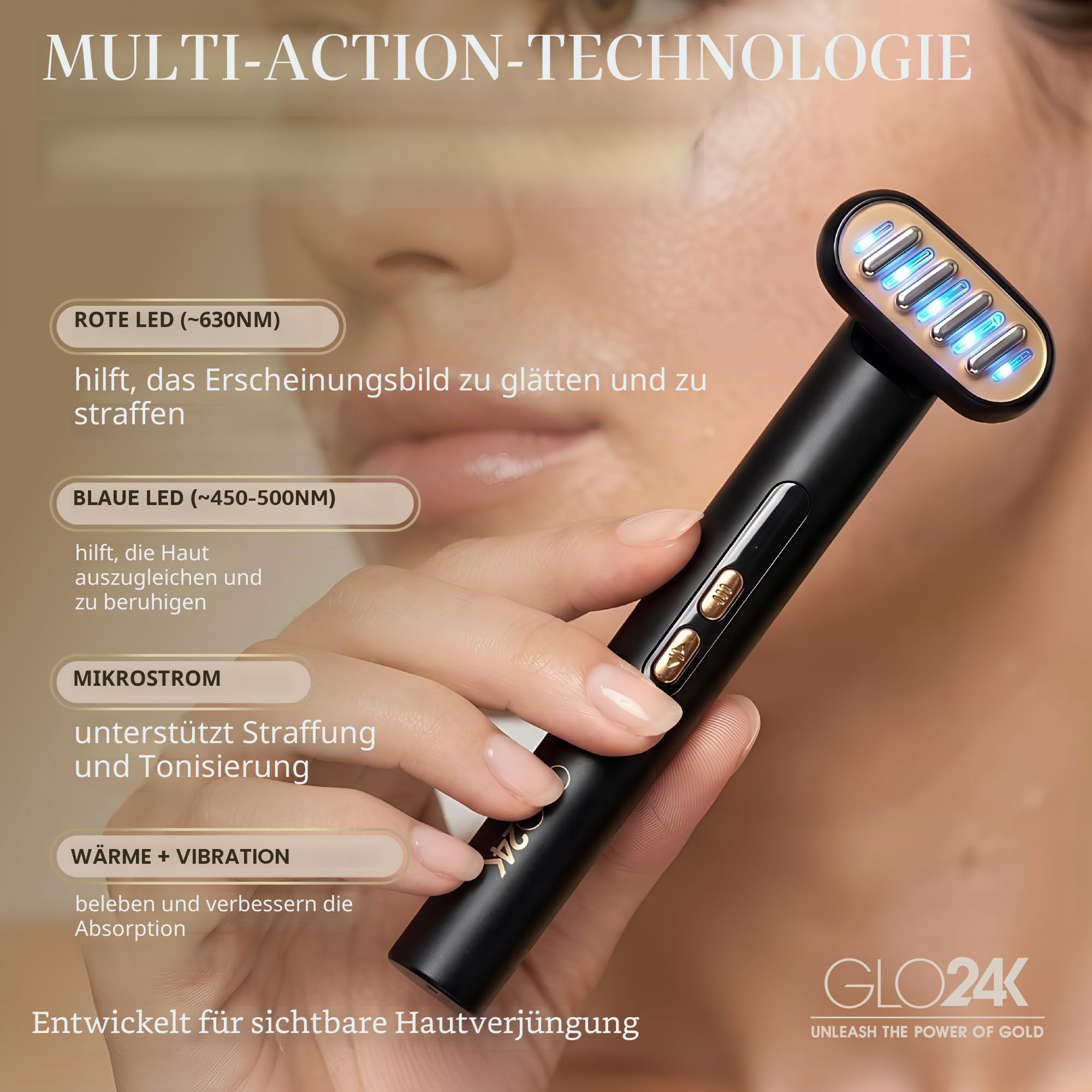 GLO24K 6-in-1 Schönheitstherapiestab für Gesicht, Augen und Hals. Basierend auf Dual-LED-Lichttherapie, thermischen, Vibrations- und Mikrostromtechnologien. Hautverjüngung
