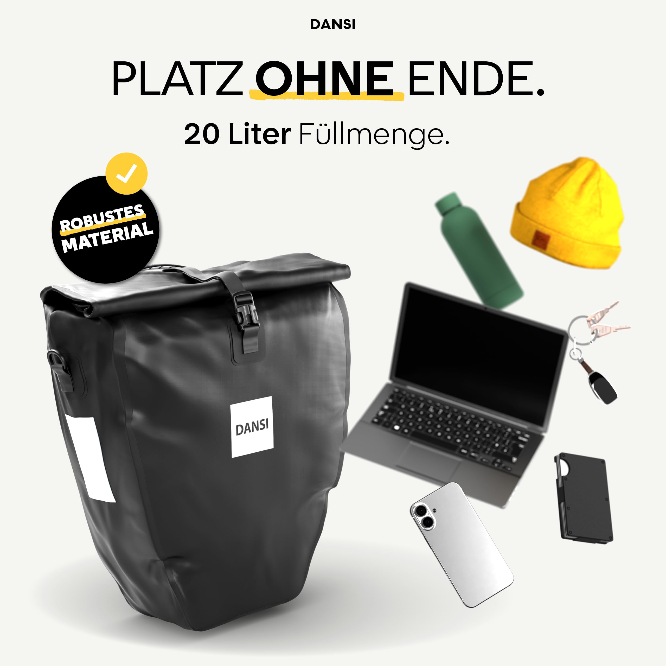 Dansi Borsa da bici 20L per portapacchi, con tracolla e maniglia, borsa da bici impermeabile al 100% con catarifrangenti e sistema a scatto, nera (set di 1)