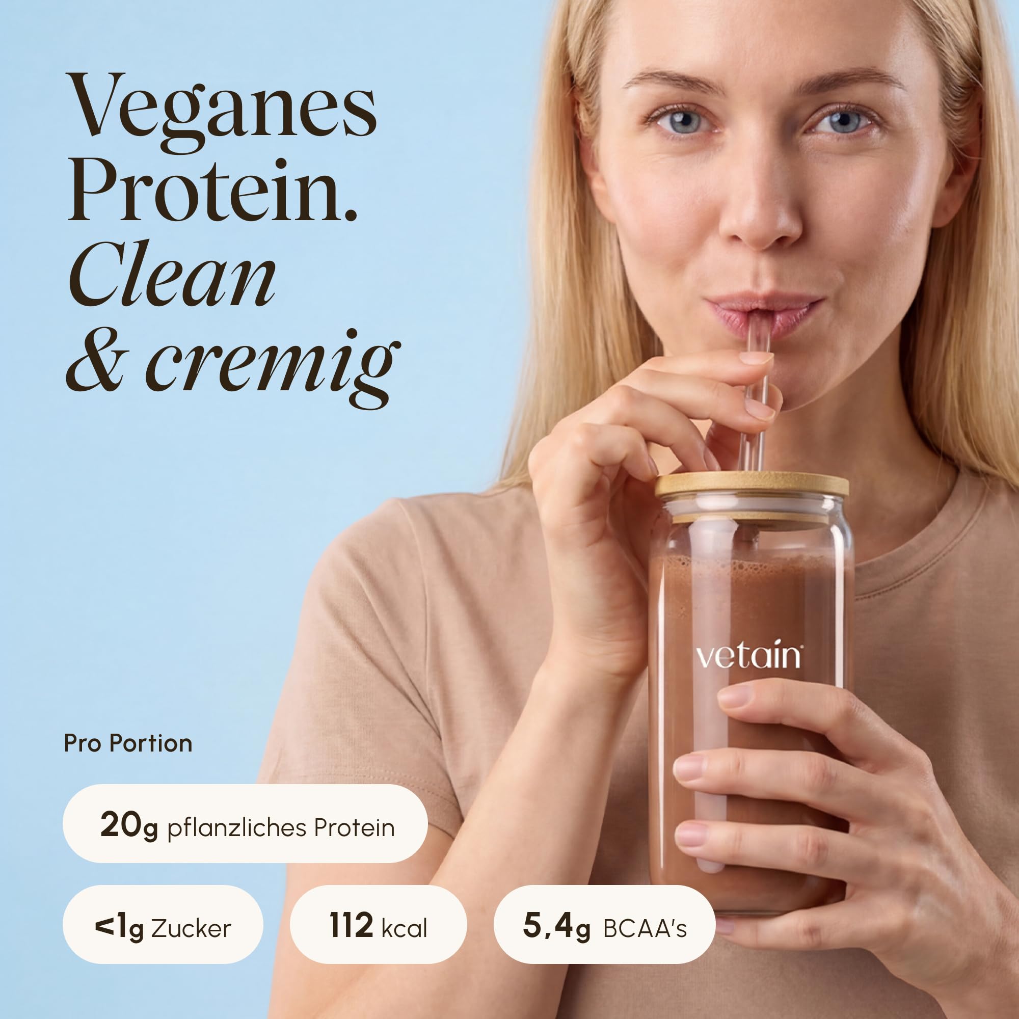VETAIN Proteinpulver Vegan Kakao - 20g Eiweiß - Ohne künstliche Süßungsmittel - Bio Protein Pulver - 4 Proteinquellen fermentiert Erbsen - Vollständiges EAA & BCAA - 540g - NEUE REZEPTUR