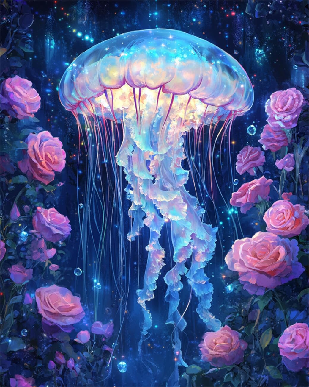 AYAOYANGGO Animal DIY Bead Embroidery Kit Jellyfish and Roses Cross Stitch Needlepoint Handcraft Tapestry Kit Beaded Stitching Pattern 3D Embroidery Set 60x80cm