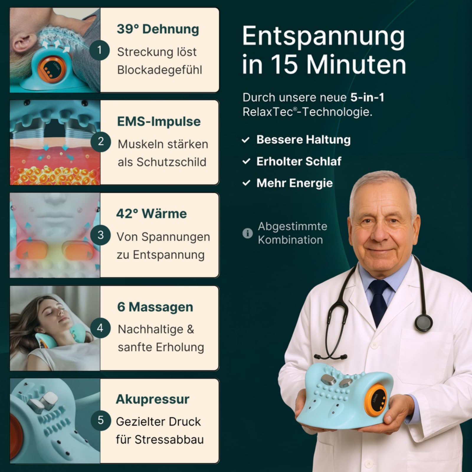 Necktex 5-in-1 NackenstreckerMit drei ，Drei Temperatureinstellungen und sechs einstellbare Massageintensitäten zur Linderung von Nacken und Schulterschmerzen