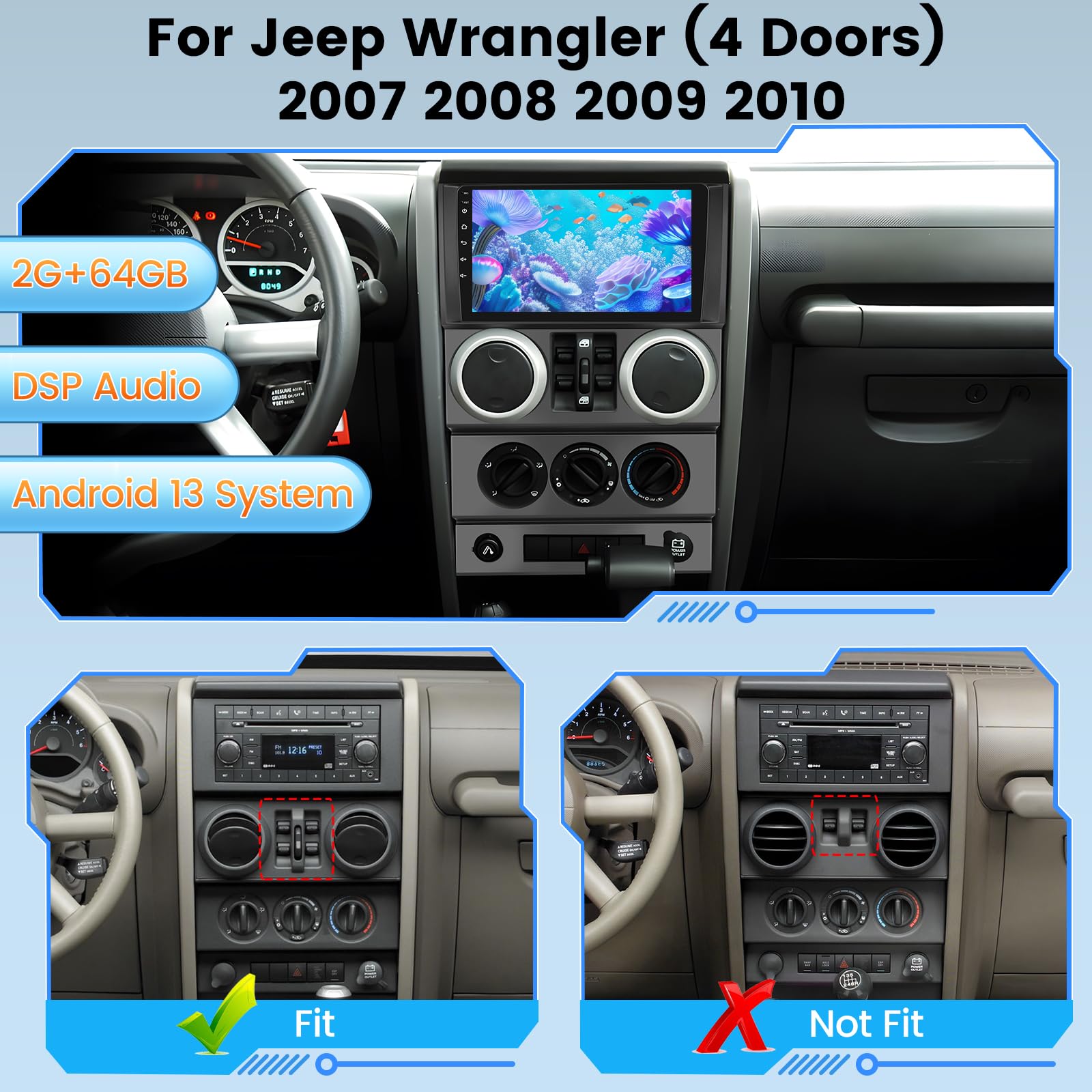 [2+64G] Upgrade Stereo for Jeep Wrangler (4 Doors) 2007 2008 2009 2010-9 inch HD Touchscreen DSP Audio - Wireless Carplay and Android Auto, WiFi, GPS, Mirror Link, SWC + AHD Rearview Camera + Canbus