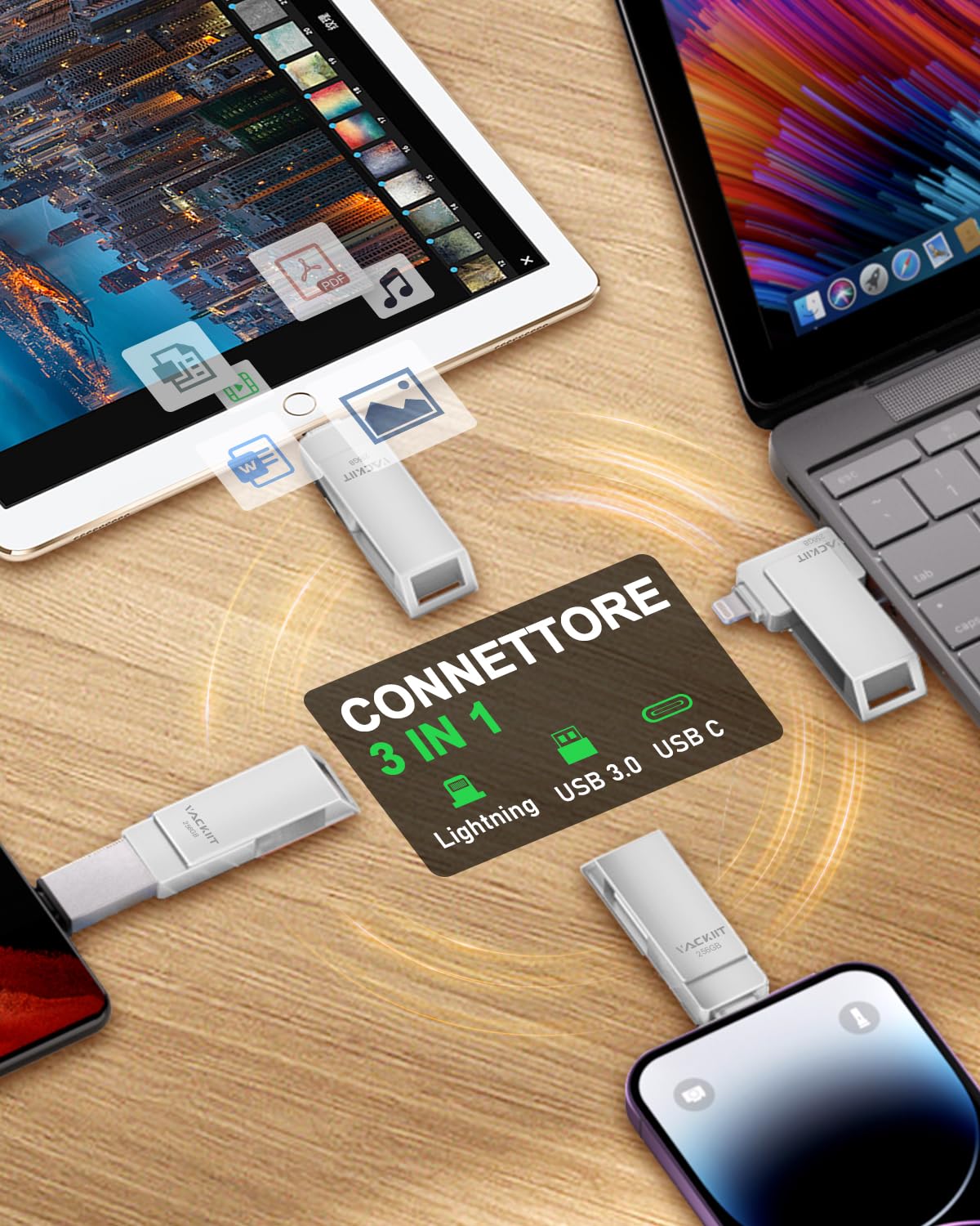 Chiavetta USB 256 GB per iPhone Apple Certificato, Vackiit Chiavetta USB C Lightning Chiave USB 3.0 Photo Stick Archiviazione Esterna per iPad Mac iOS OTG Android Mobile PC con MFI Lightning, USB 3.0