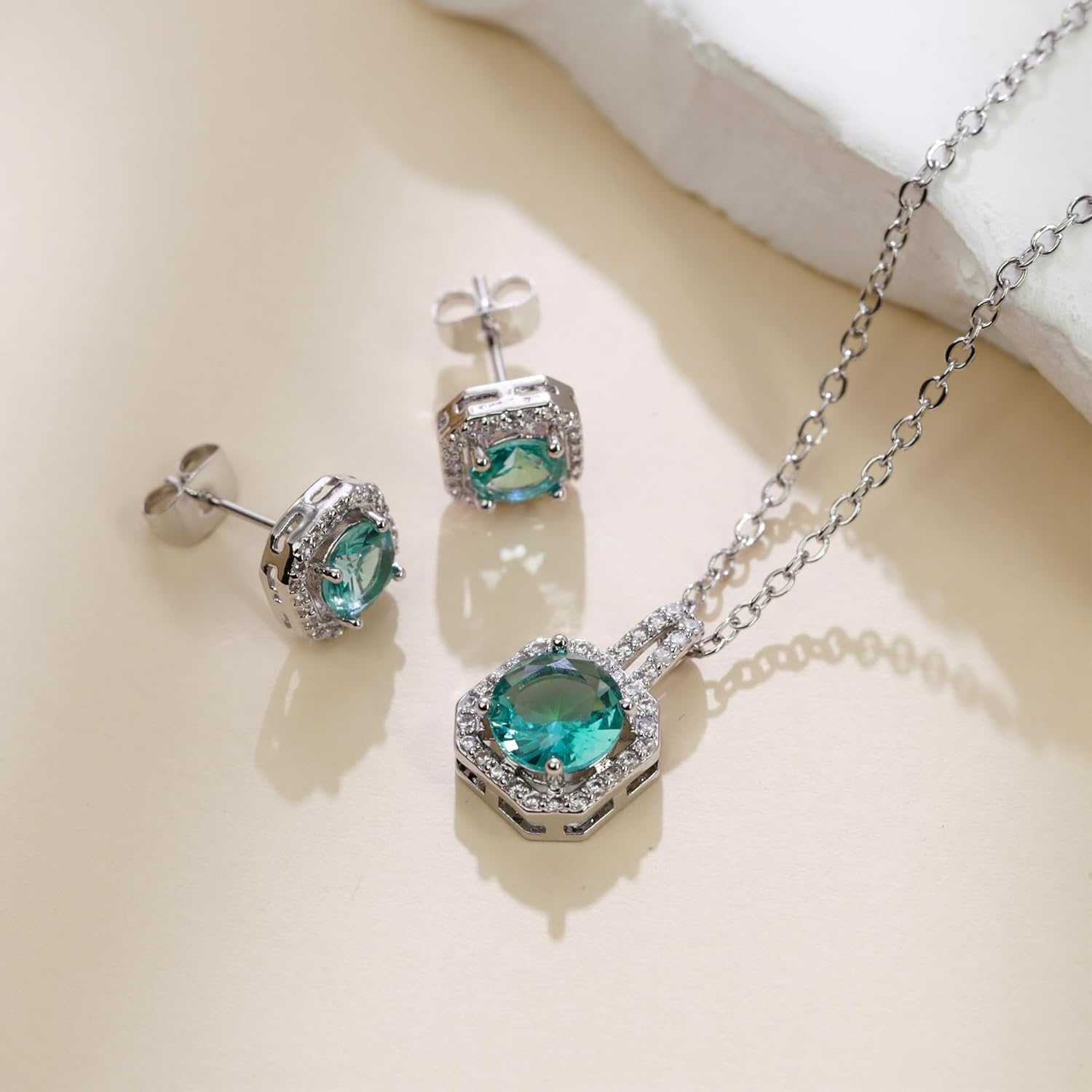 Square Cubic Zirconia Earrings and Necklace Set for Women, 14K White Gold Plated Cubic Zirconia Wedding Jewelry Sets for Bride Bridesmaid Birthstone Jewelry Gifts for Wife Mom - Image 4