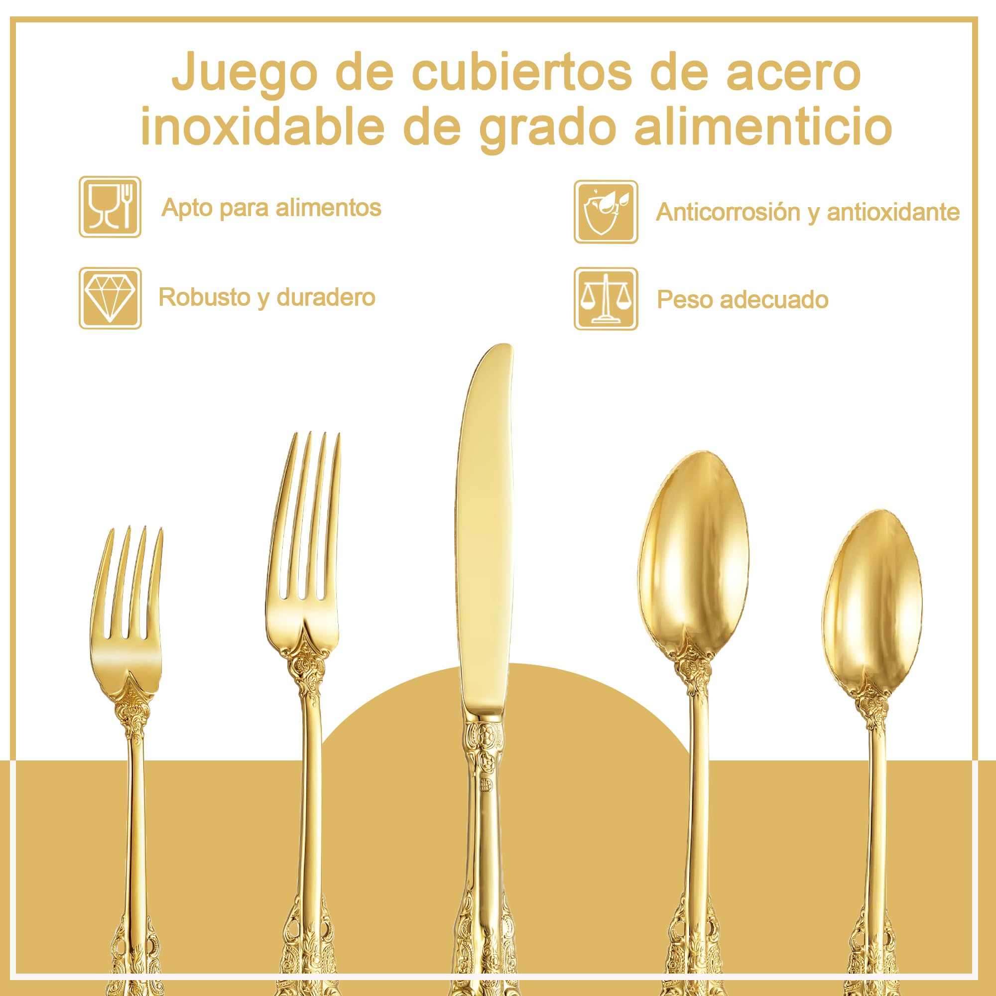 Hermoso juego de cubiertos de 20 piezas de acero inoxidable 18/10 oro barroco, juego de cubiertos de acero inoxidable antioxidante que con caja de regalo