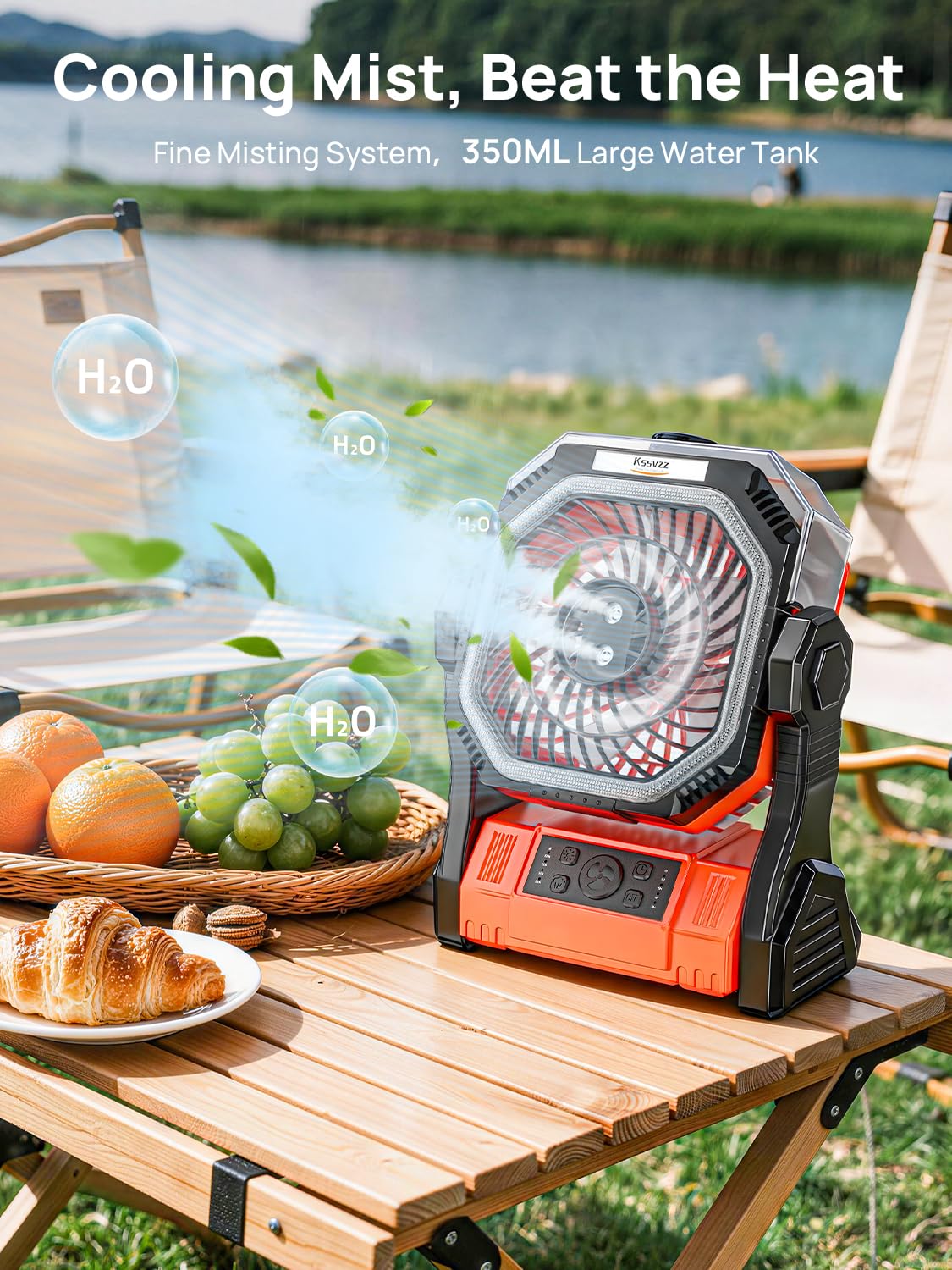 Kssvzz Ventilateur Camping avec Brumisateur et Minuterie, 20000 mAh Ventilateur Rechargeable de 4 Vitesses, Ventilateur Batterie de Table USB avec Éclairage LED, Idéal pour Voyages,Barbecue,Pêche