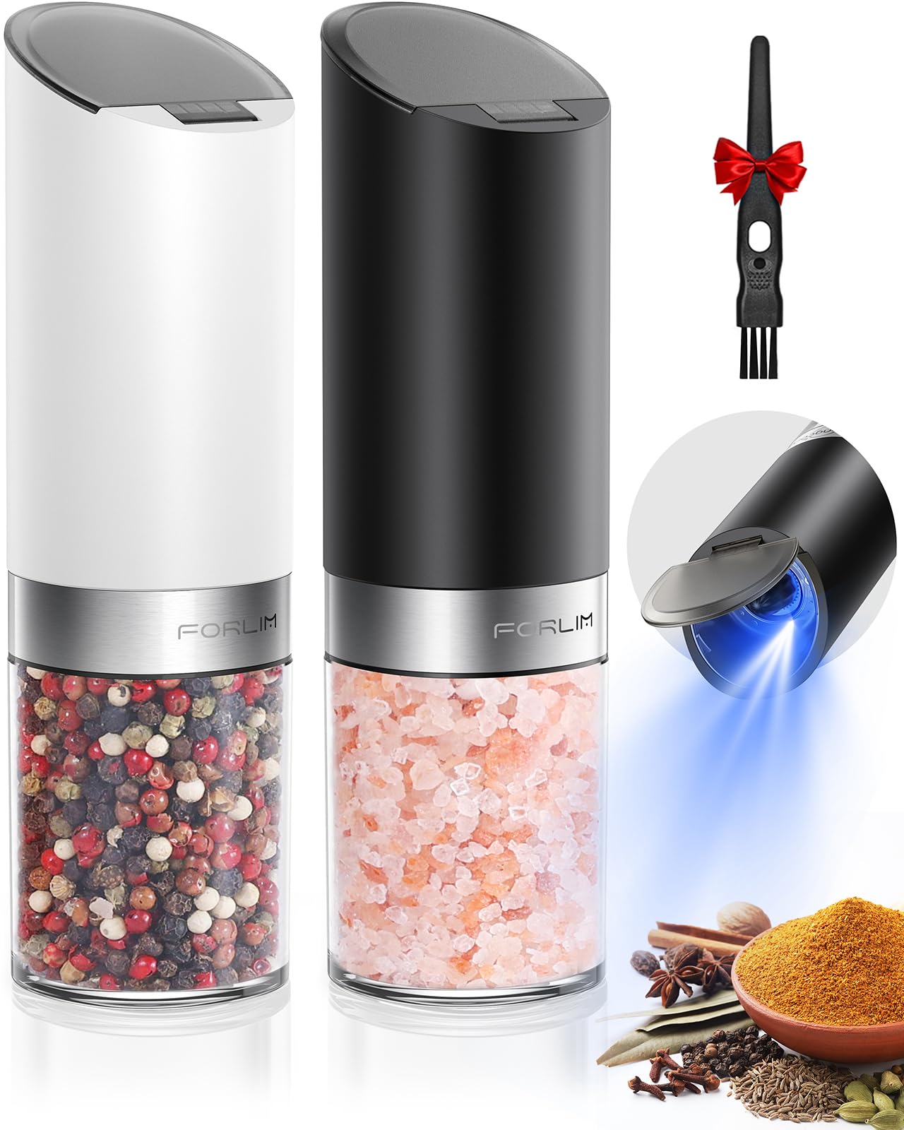 FORLIM Gravity Electric Salt and Pepper Grinder Set with Dust Cover LED Upgraded Batteries Powered Automatic Pepper Grinder Adjustable Coarseness, L Capacity for Kitchen Travel, White & BlackCarbonfree Certified