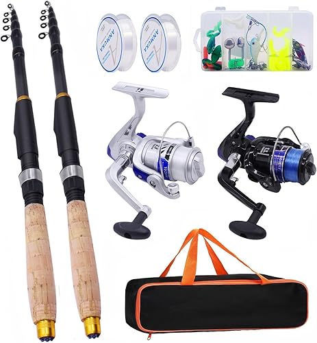 Juego de 2 cañas de pescar y carrete, kit telescópico de carrete giratorio con señuelos, bolsa de almacenamiento, portátil, plegable, para agua