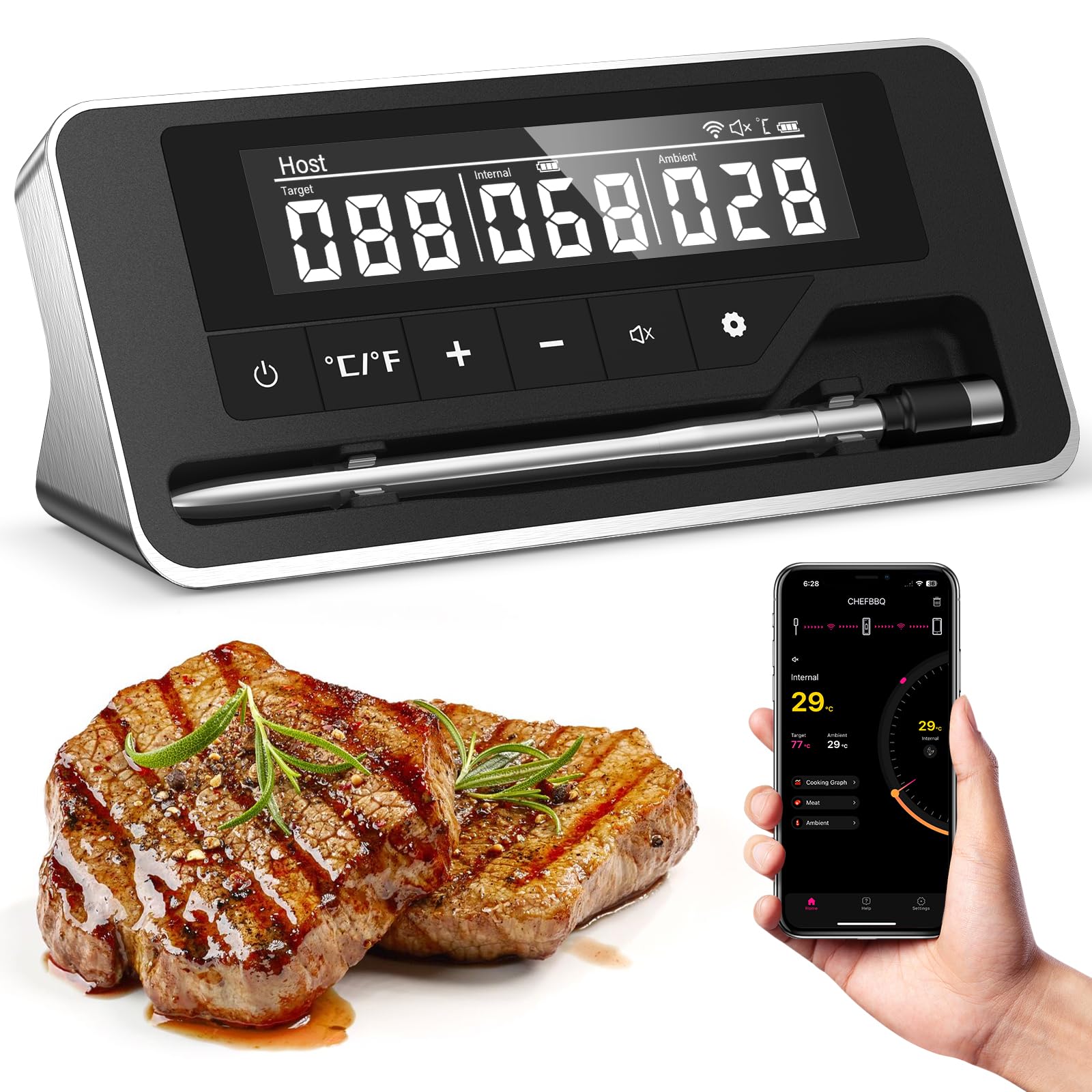 Fleischthermometer Kabellos,Bluetooth Grillthermometer mit App, IP67 Wasserdicht Bratenthermometer Kabellos, Meat Grill Thermometer für BBQ, Grill, Smoker, Ofen, Küche