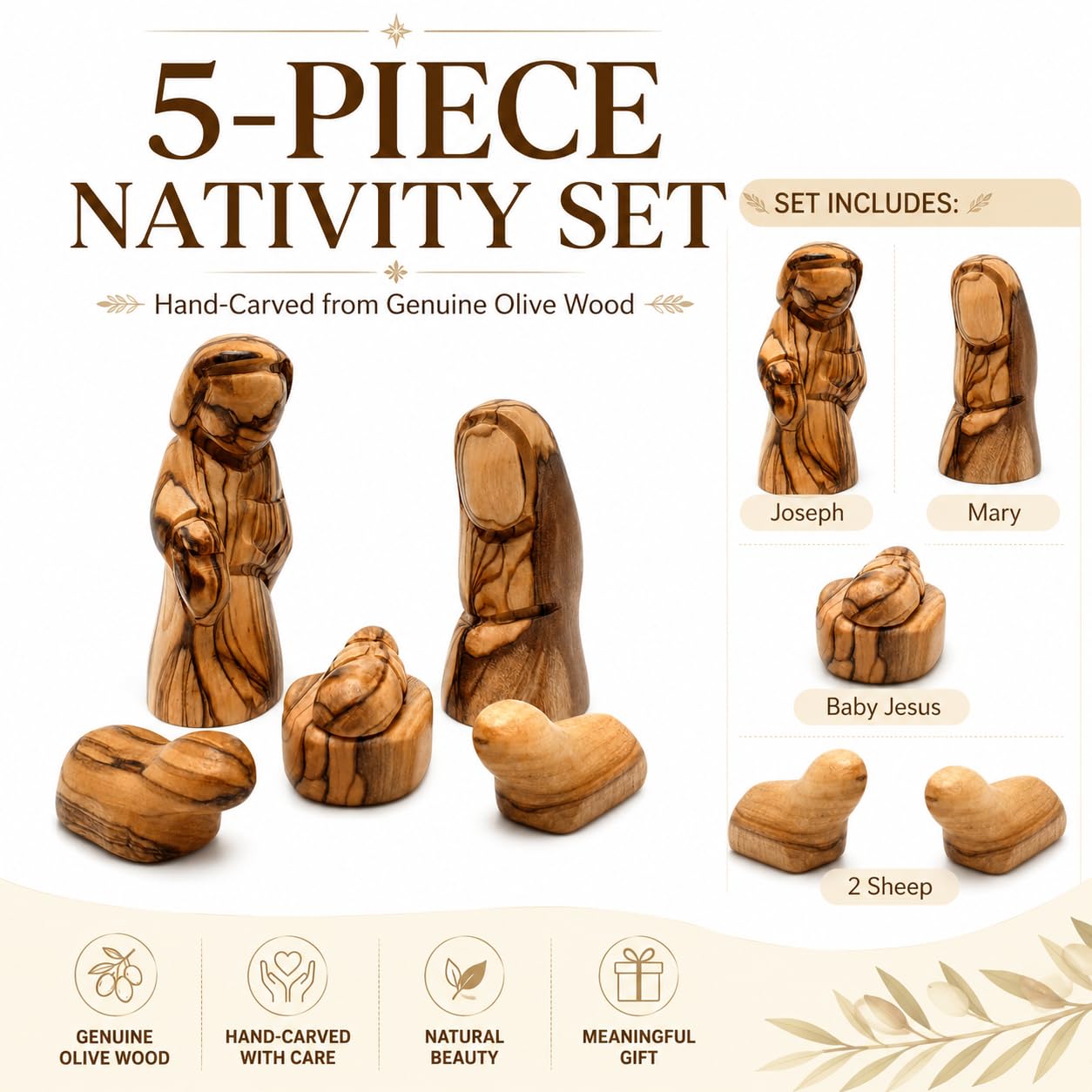 Zuluf Petites figurines de la Sainte Famille en bois d'olivier – Joseph, Marie et Bébé Jésus – Crèche de Noël en bois pour décoration d'intérieur